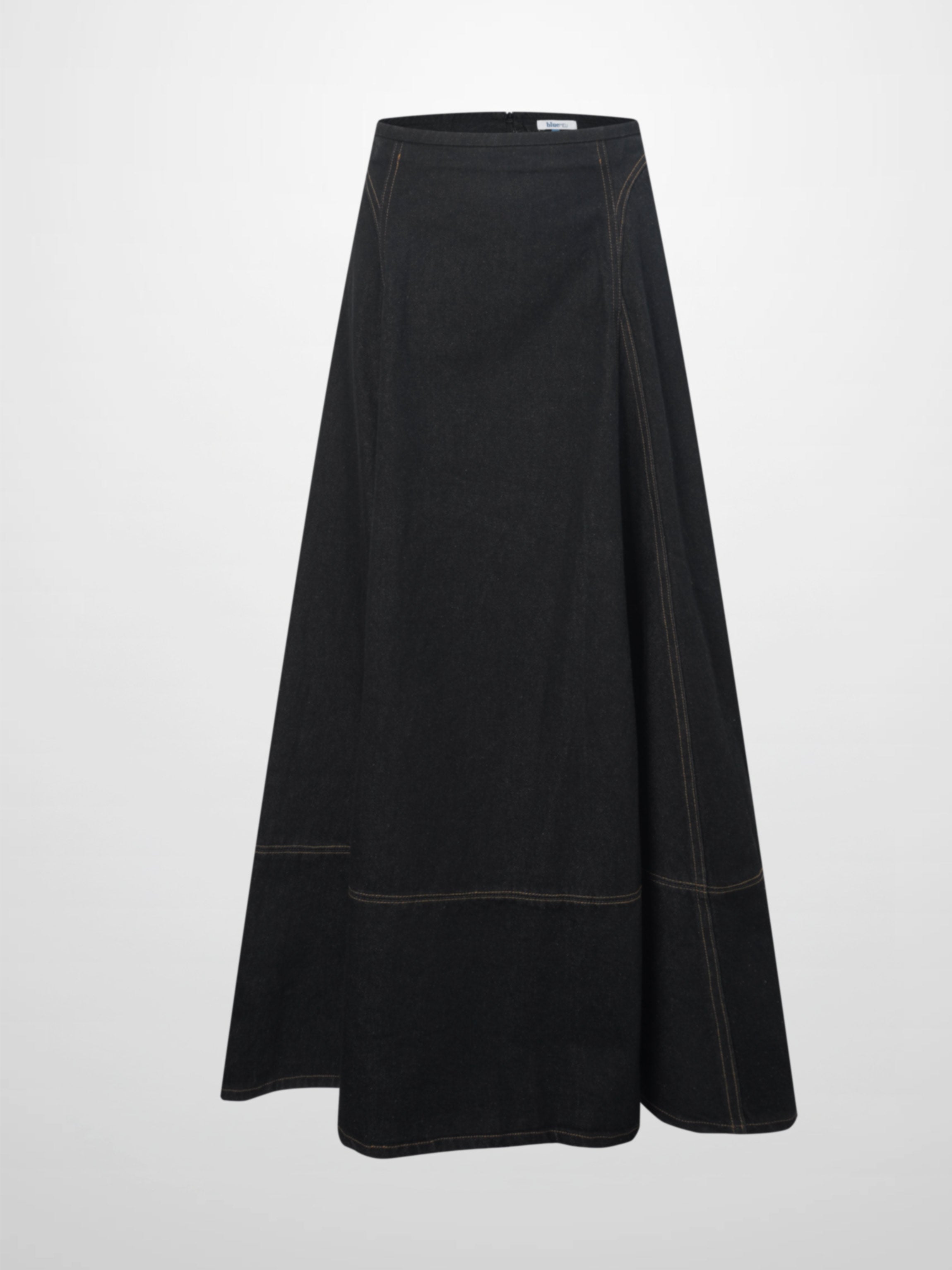 Seamed Full Circle Denim Skirt-Black