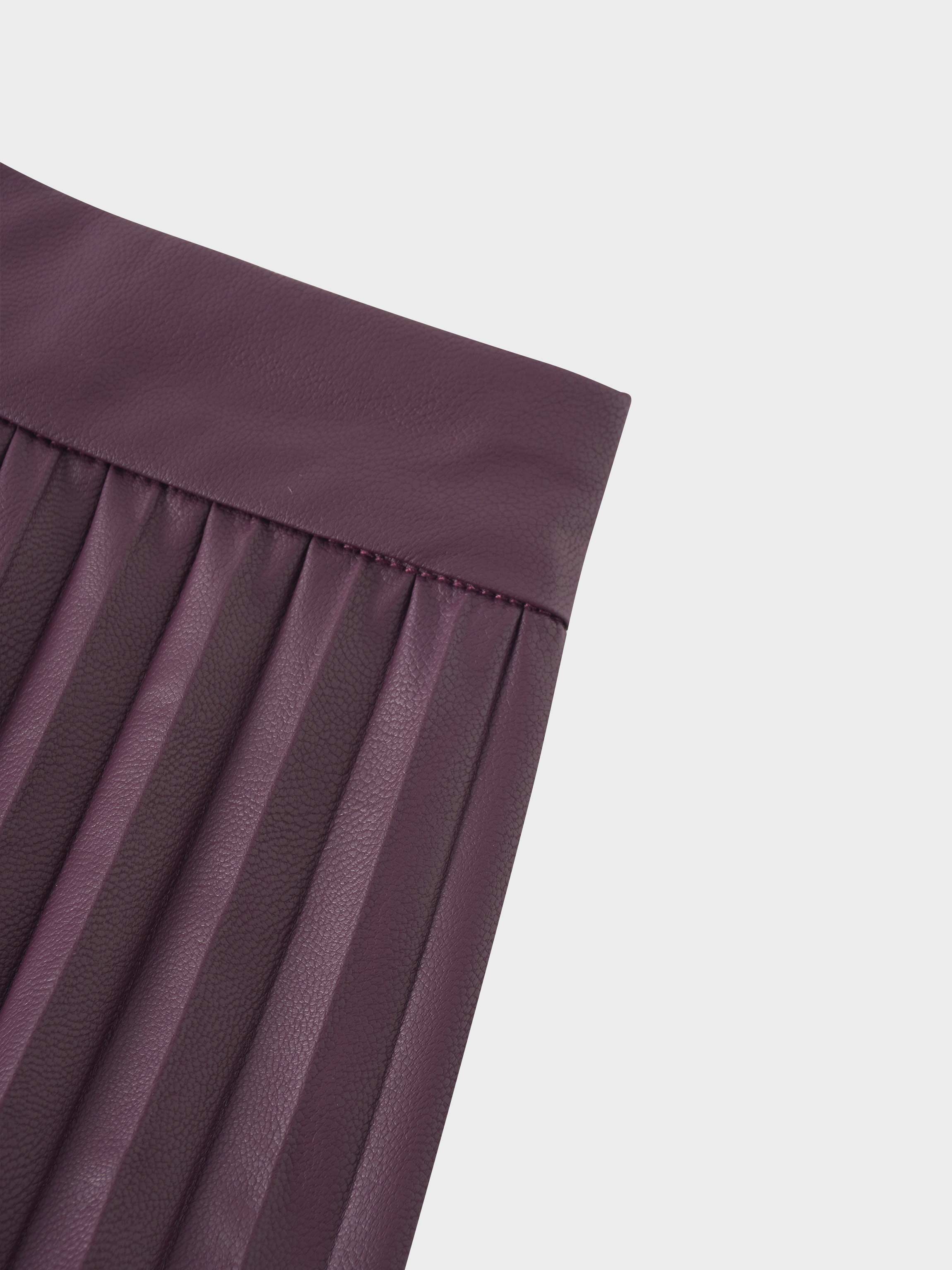 Accordion Pleated Faux Leather Skirt-Eggplant