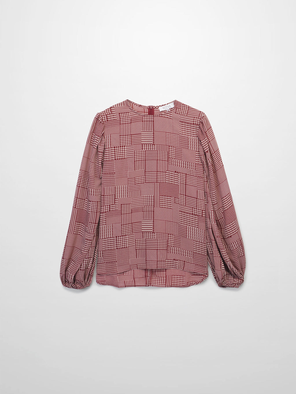 Houndstooth Blouson Sleeve Blouse-Burgundy