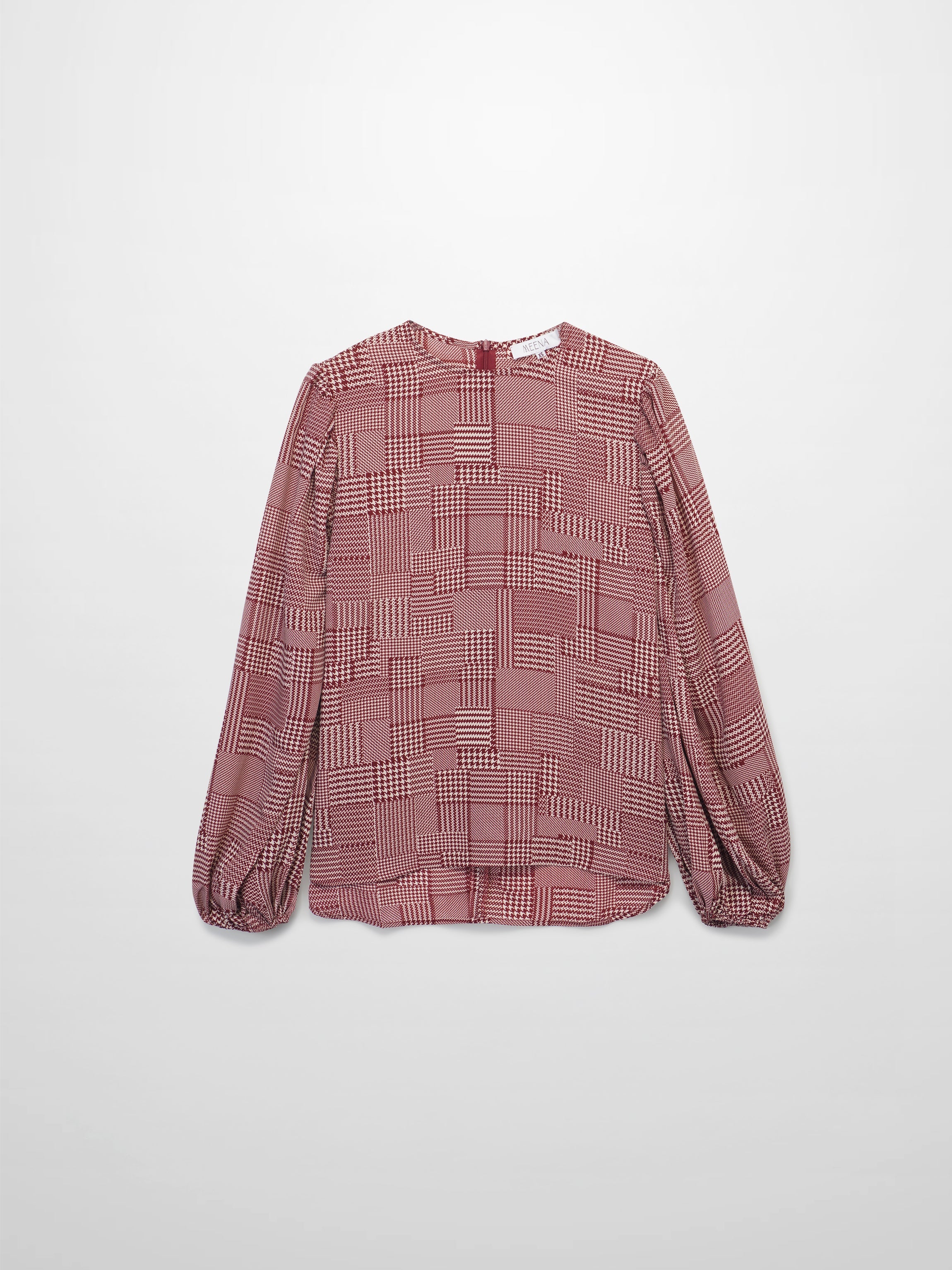 Houndstooth Blouson Sleeve Blouse-Burgundy