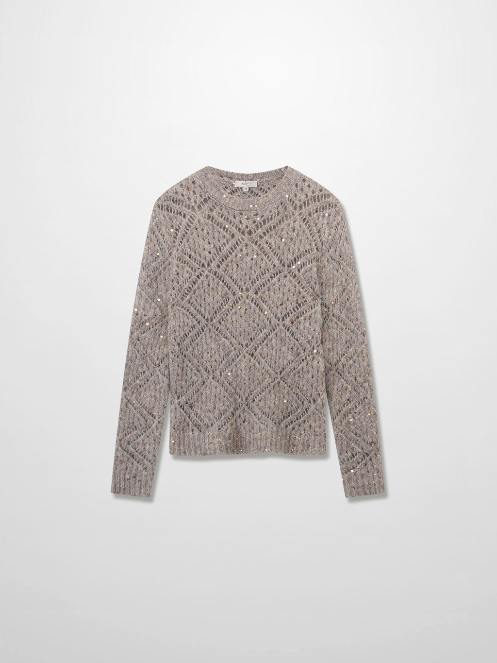Open Crochet Knit Sequin Sweater-Tan