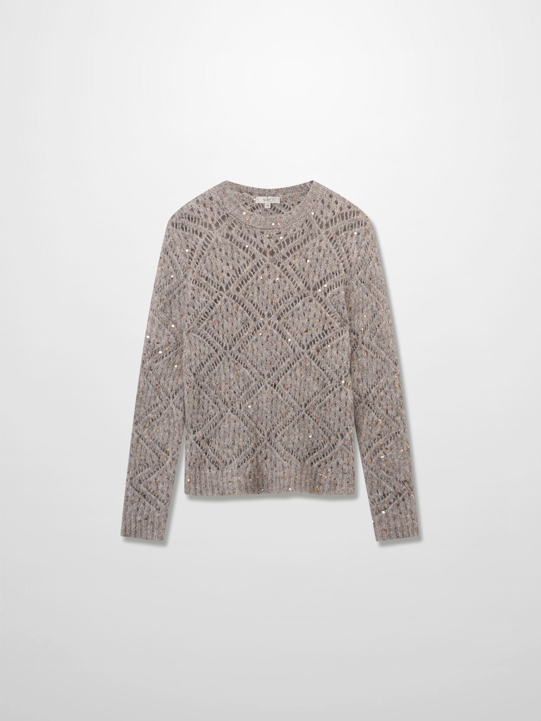 Open Crochet Knit Sequin Sweater-Tan