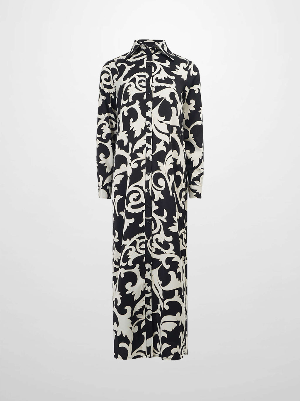 Long Button Down Shirtdress-Black/White Floral