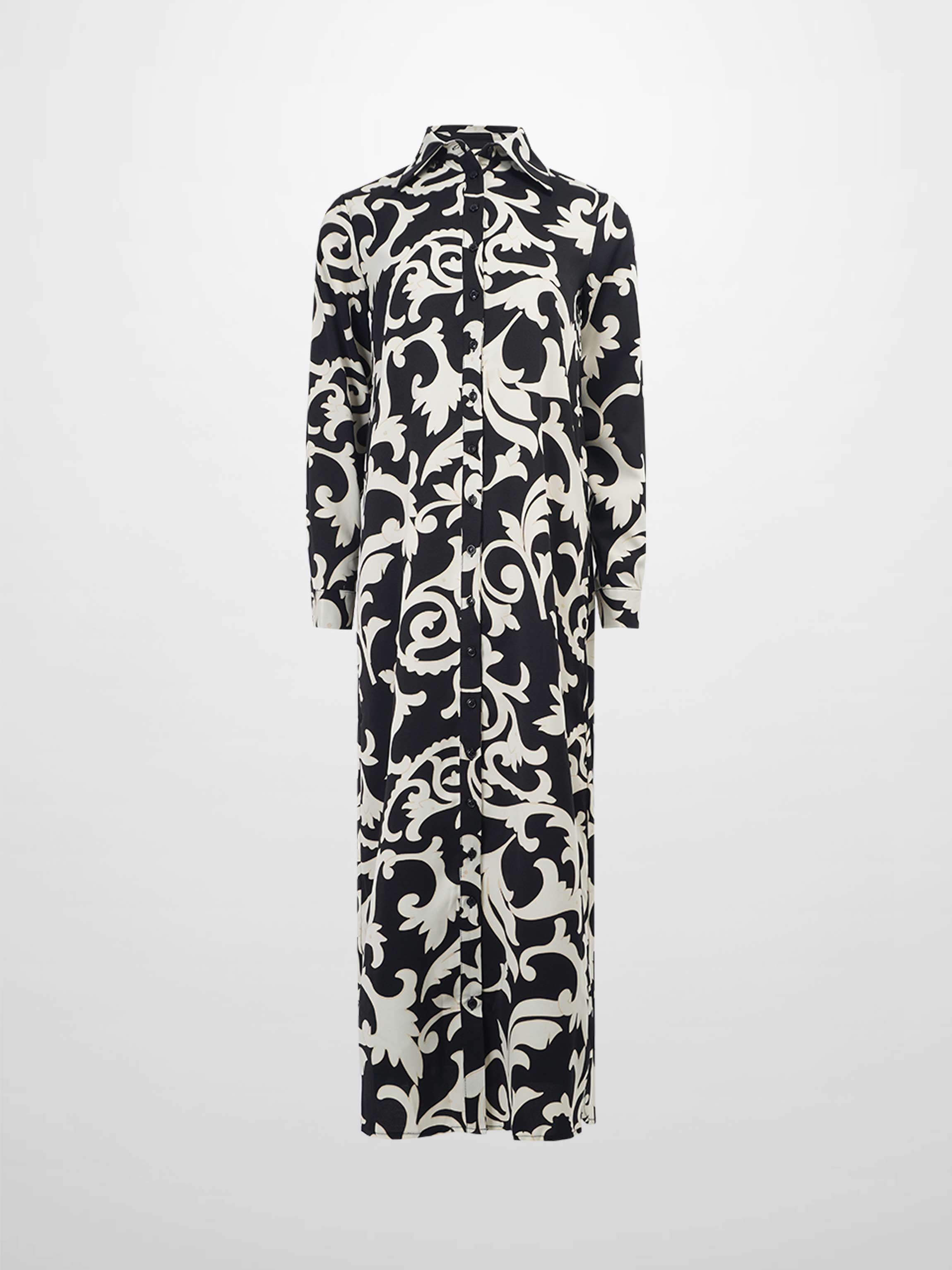 Long Button Down Shirtdress-Black/White Floral