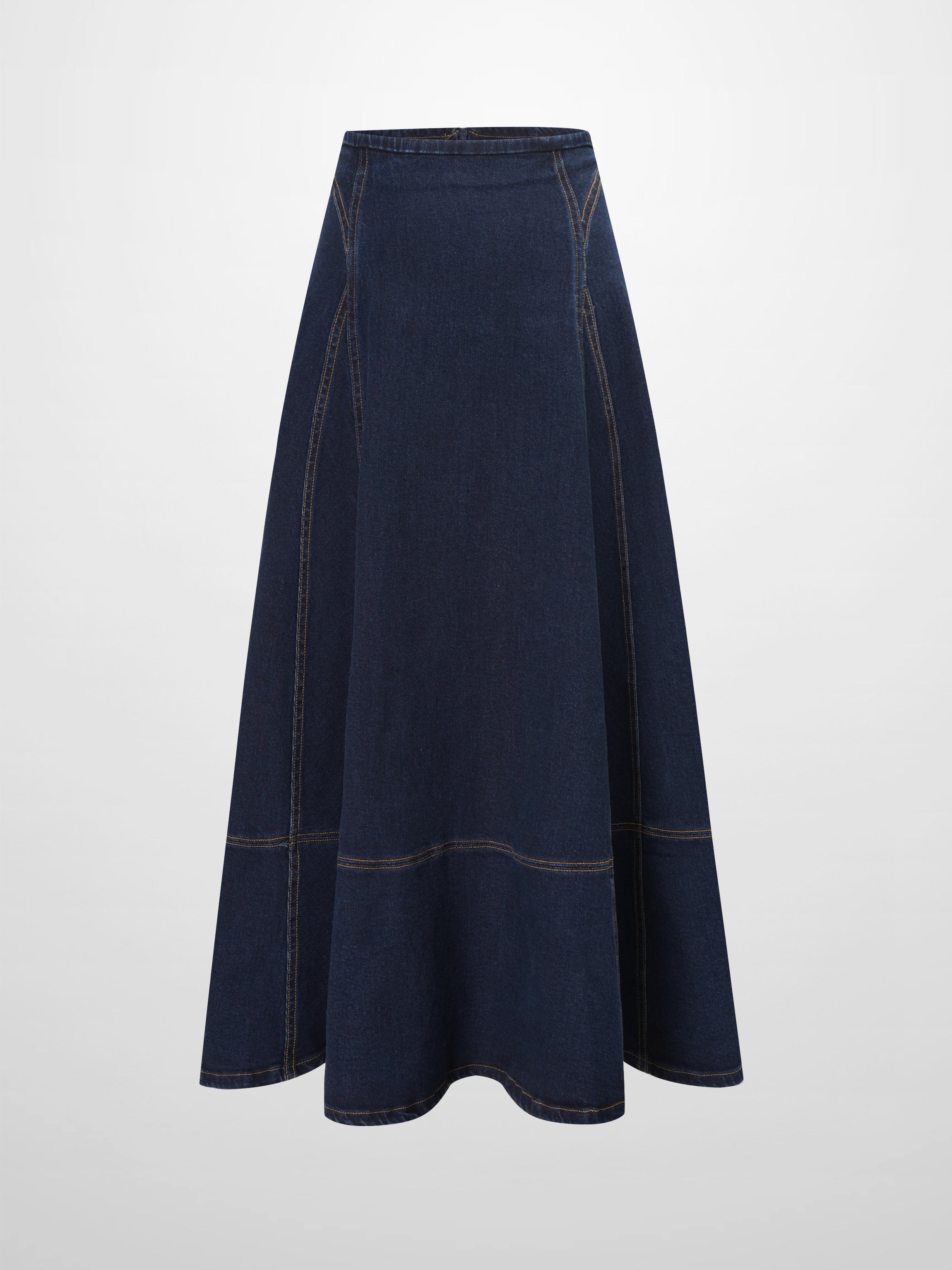 Seamed Full Circle Denim Skirt-Blue