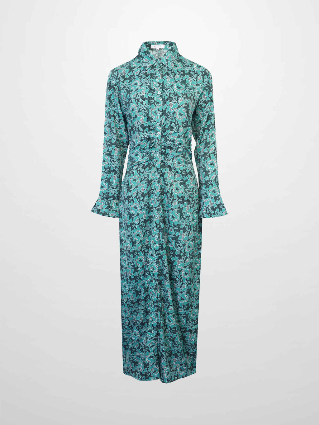 Front Shirred Shirtdress-Teal Floral