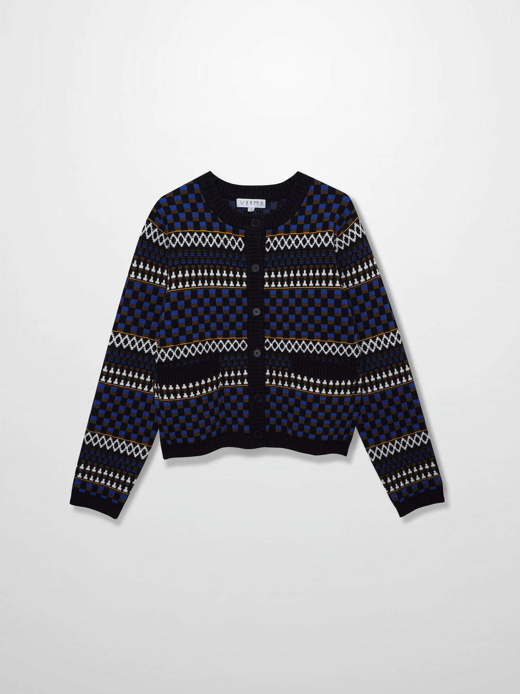 Mix Media Crew Neck Cardigan-Blue/Olive/Black