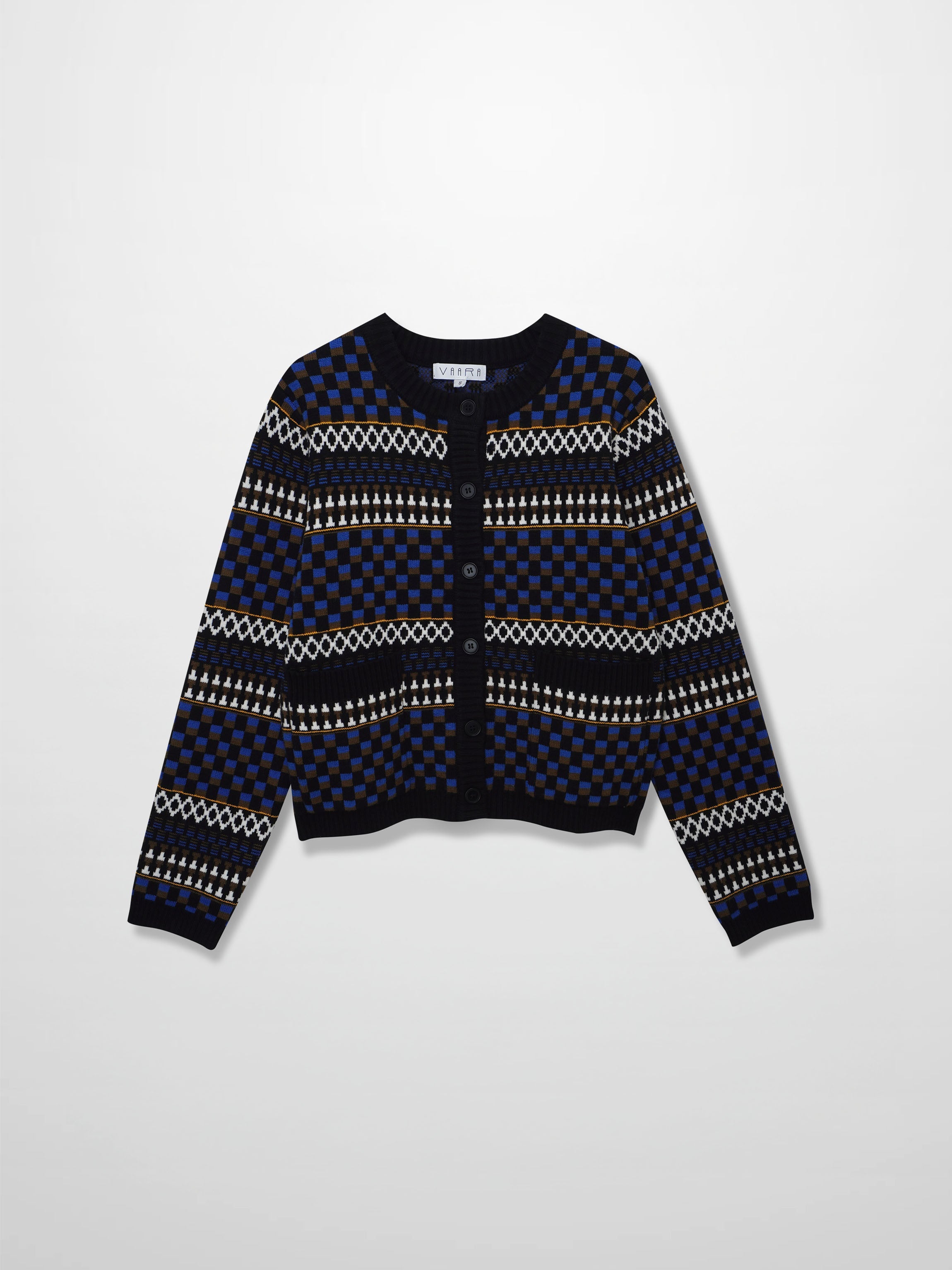 Mix Media Crew Neck Cardigan-Blue/Olive/Black