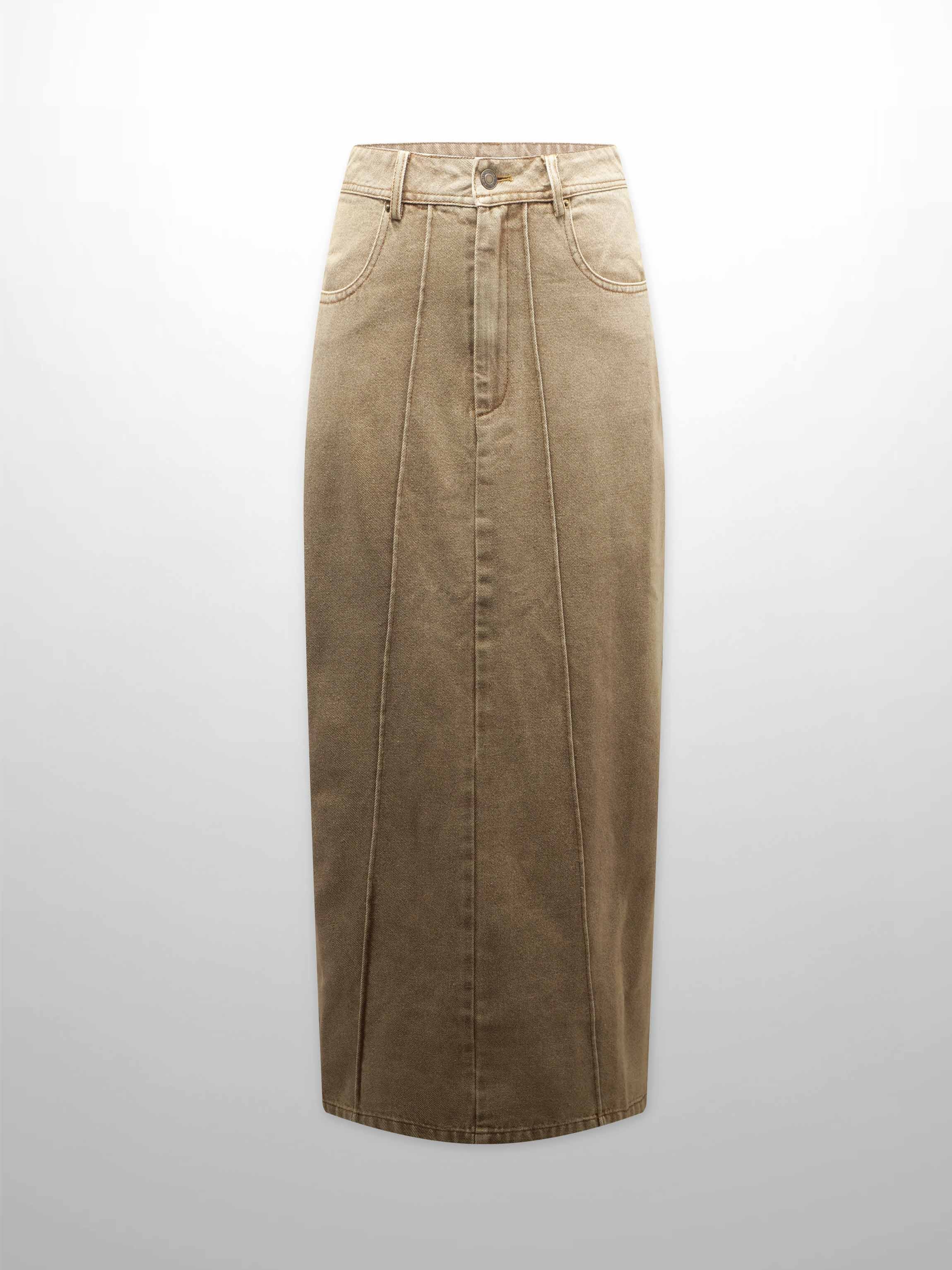 Denim Seamed Skirt-Tan Wash