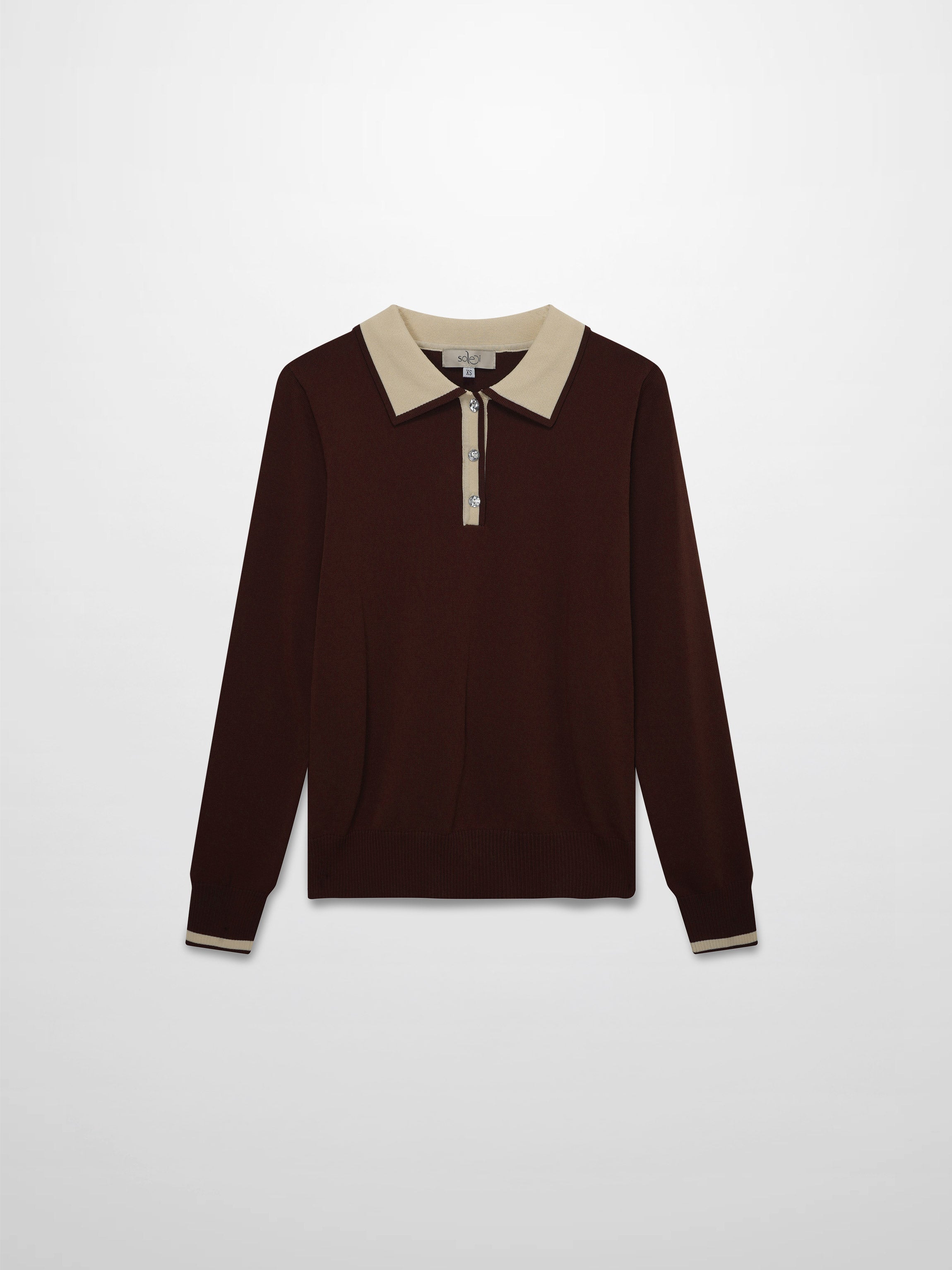 Jewel Button Collar Sweater-Brown/Tan