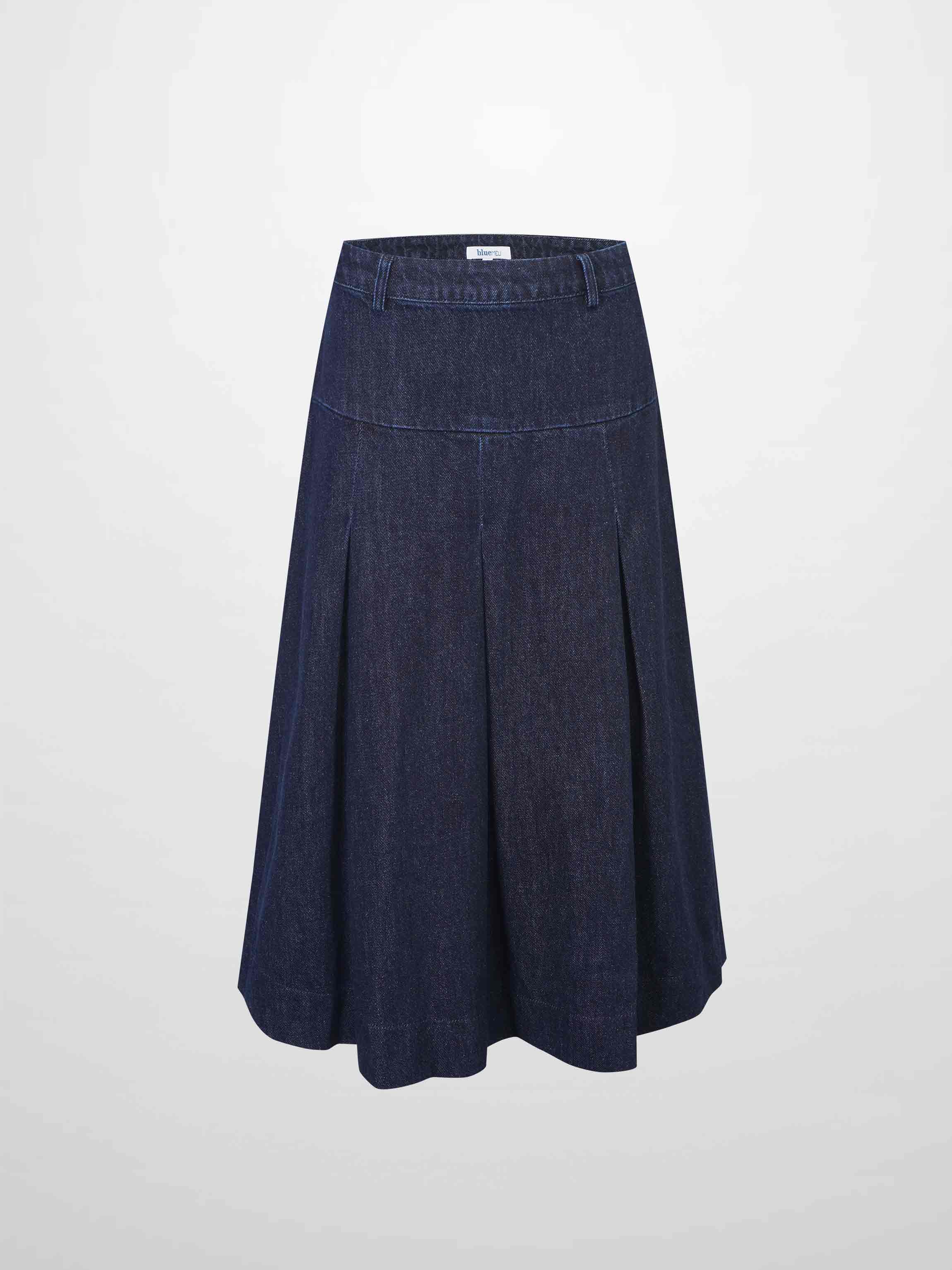 Yoke Pleated Denim Skirt-Blue