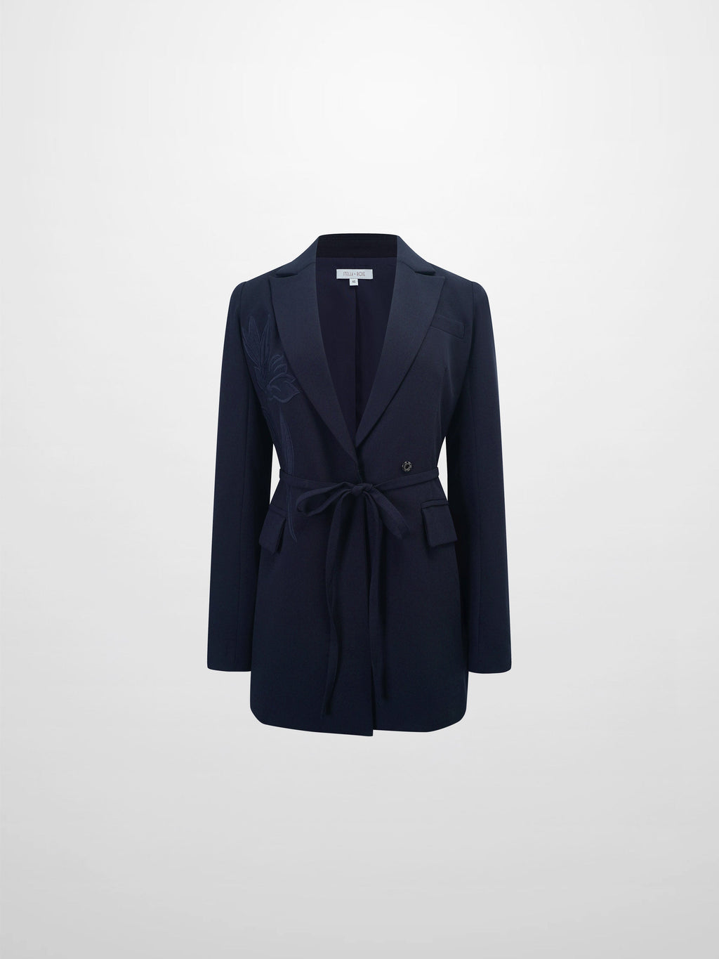 Embroidered Belted Blazer-Navy