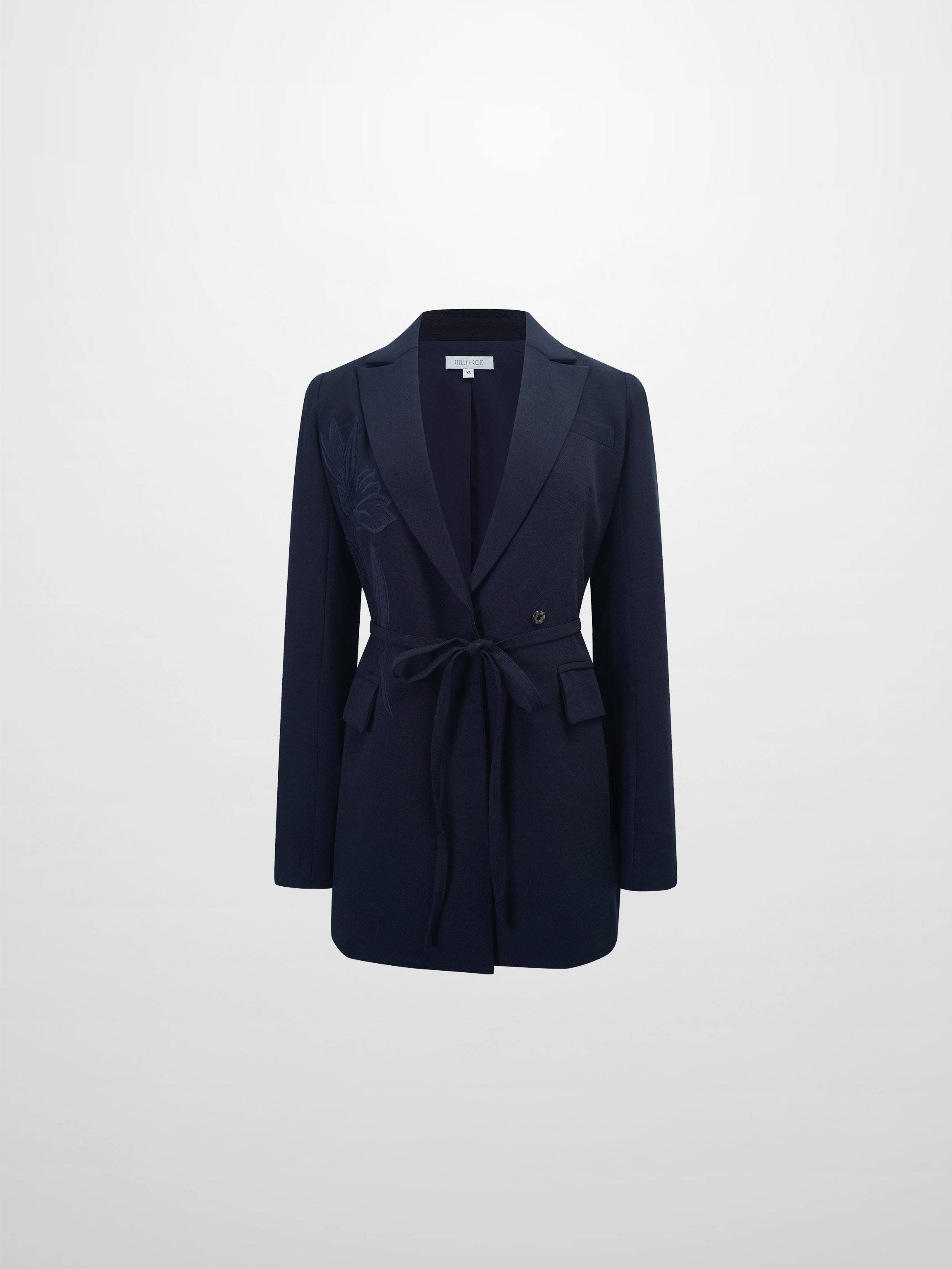 Embroidered Belted Blazer-Navy