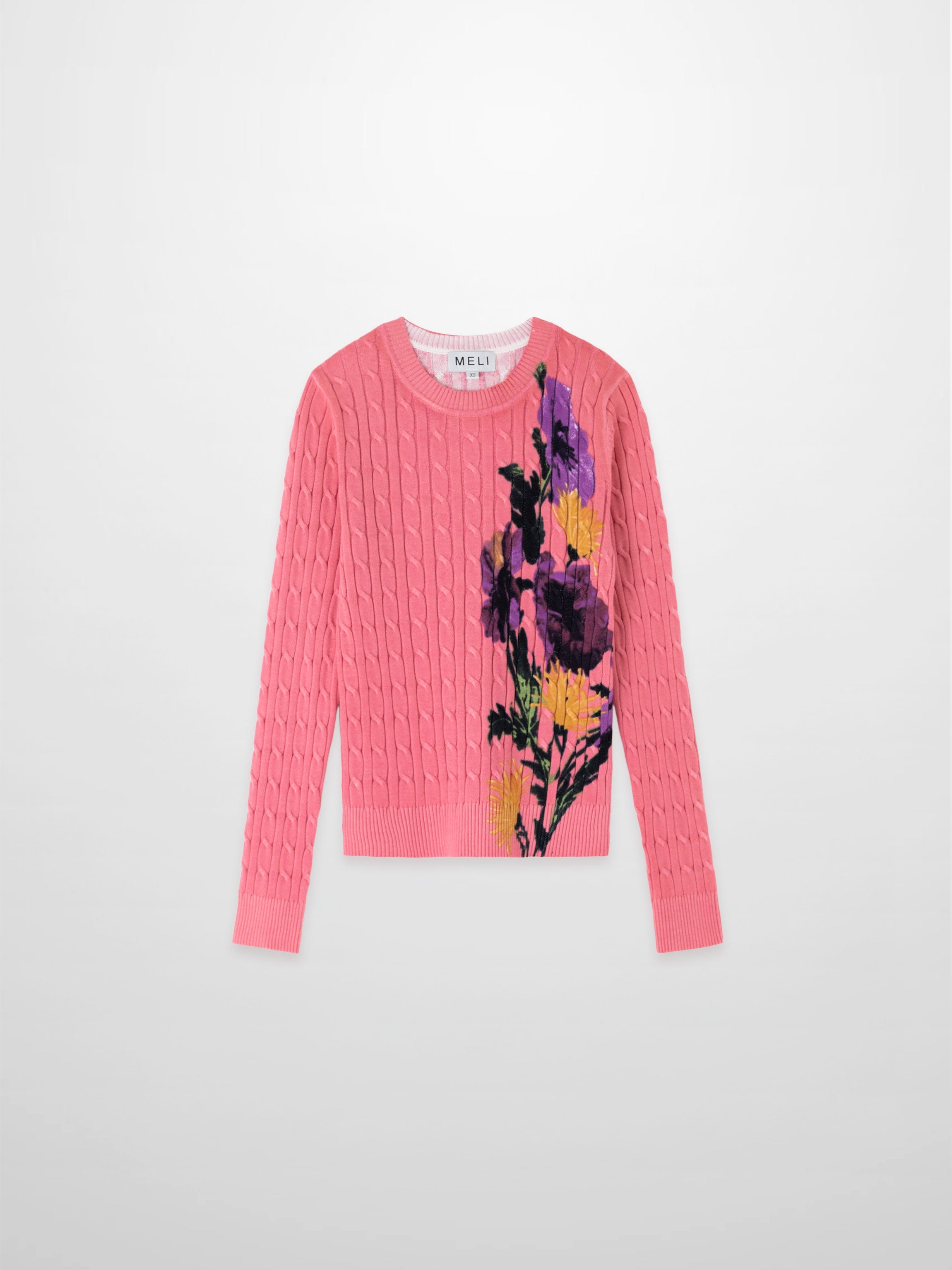 Printed Cable Sweater-Pink Flower