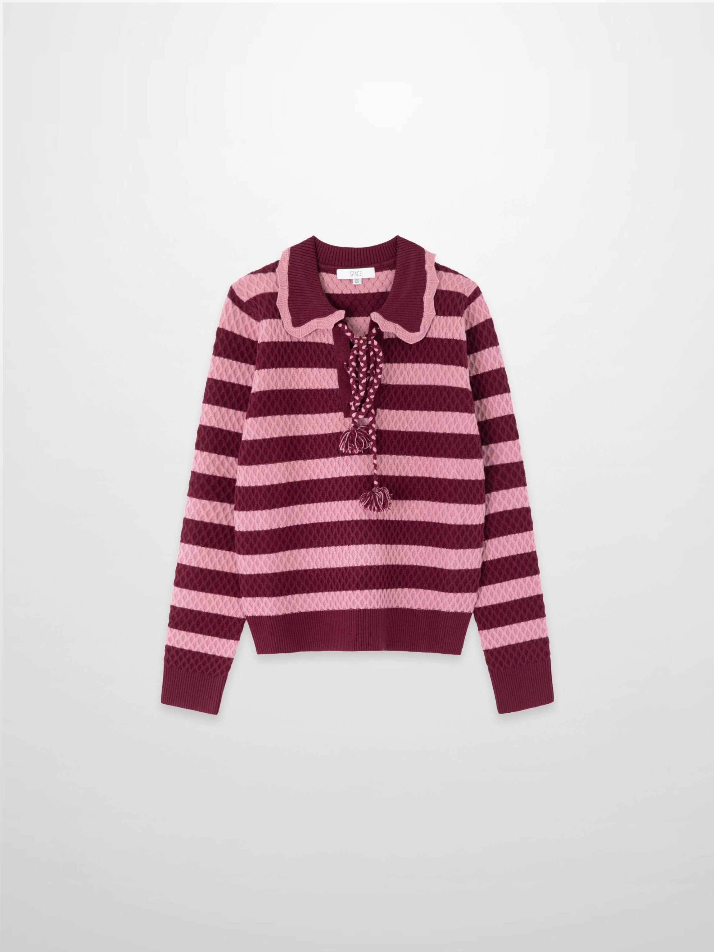 Laced Ruffle Collar Striped Sweater-Burgundy/Pink
