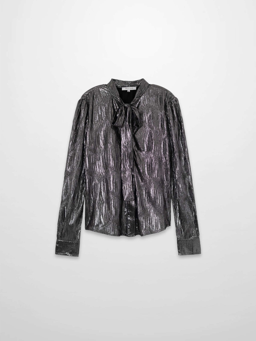 Shimmer Texture Bow Blouse-Black/Silver
