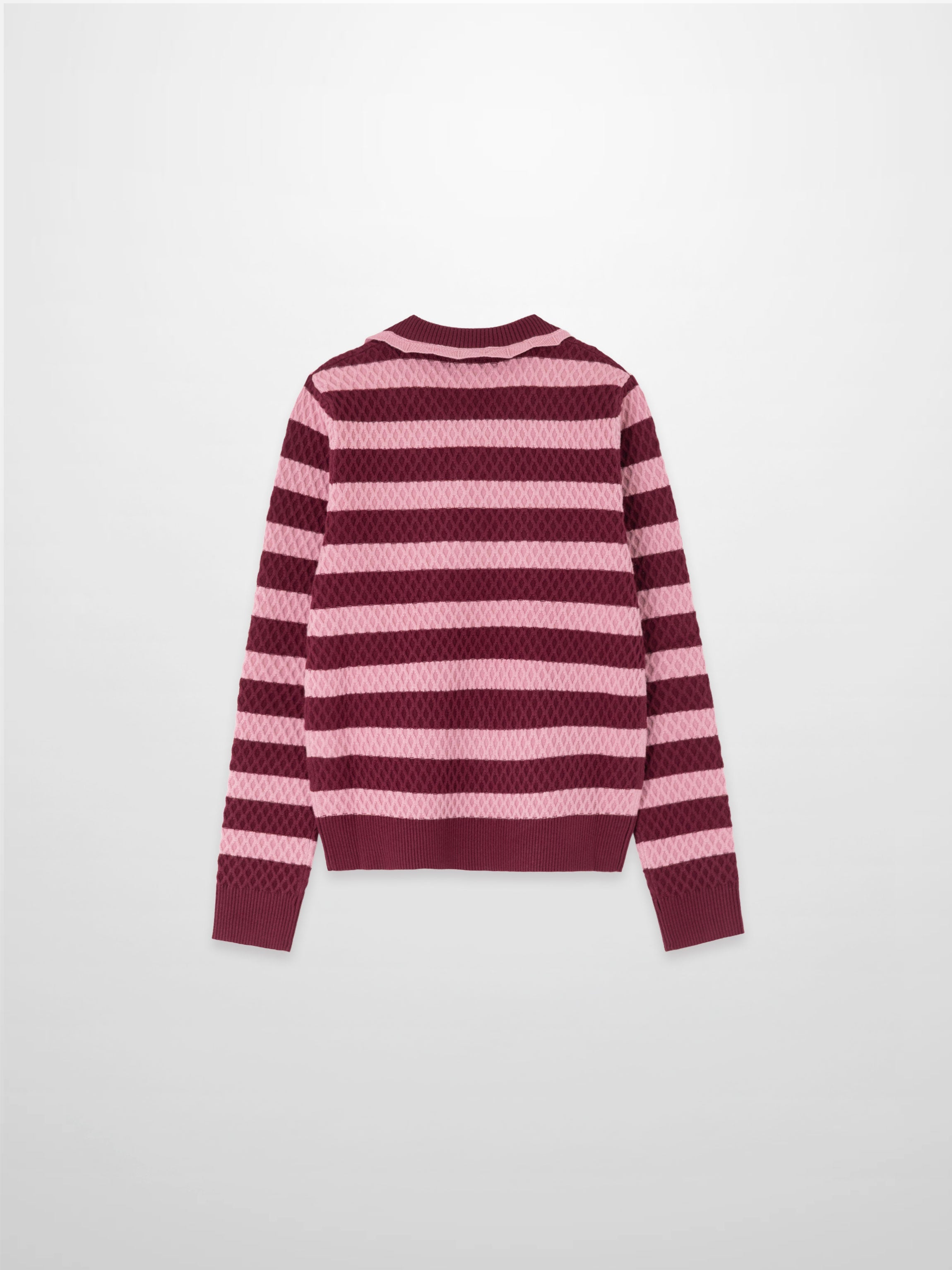Laced Ruffle Collar Striped Sweater-Burgundy/Pink