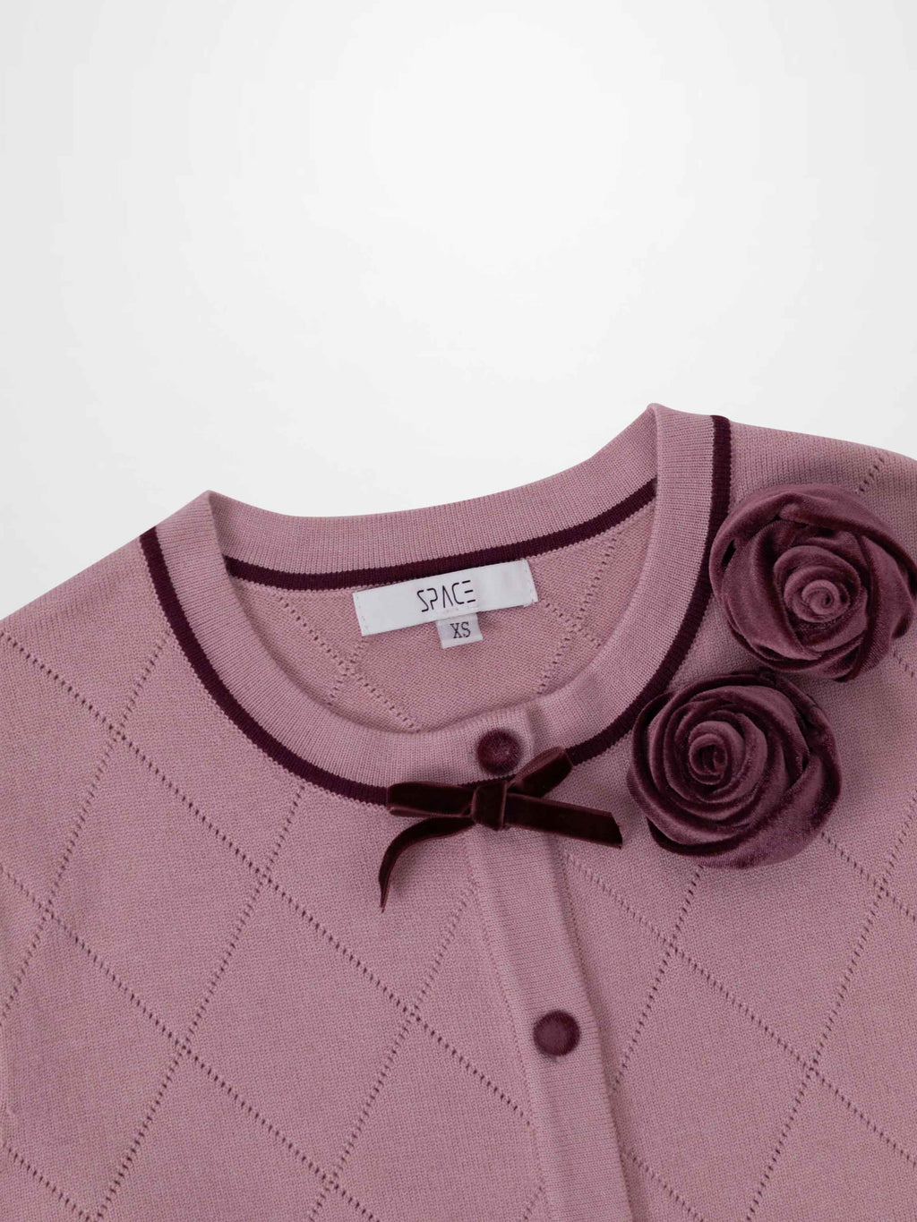 Velvet Detail Pointelle Crew Cardigan-Pink/Burgundy