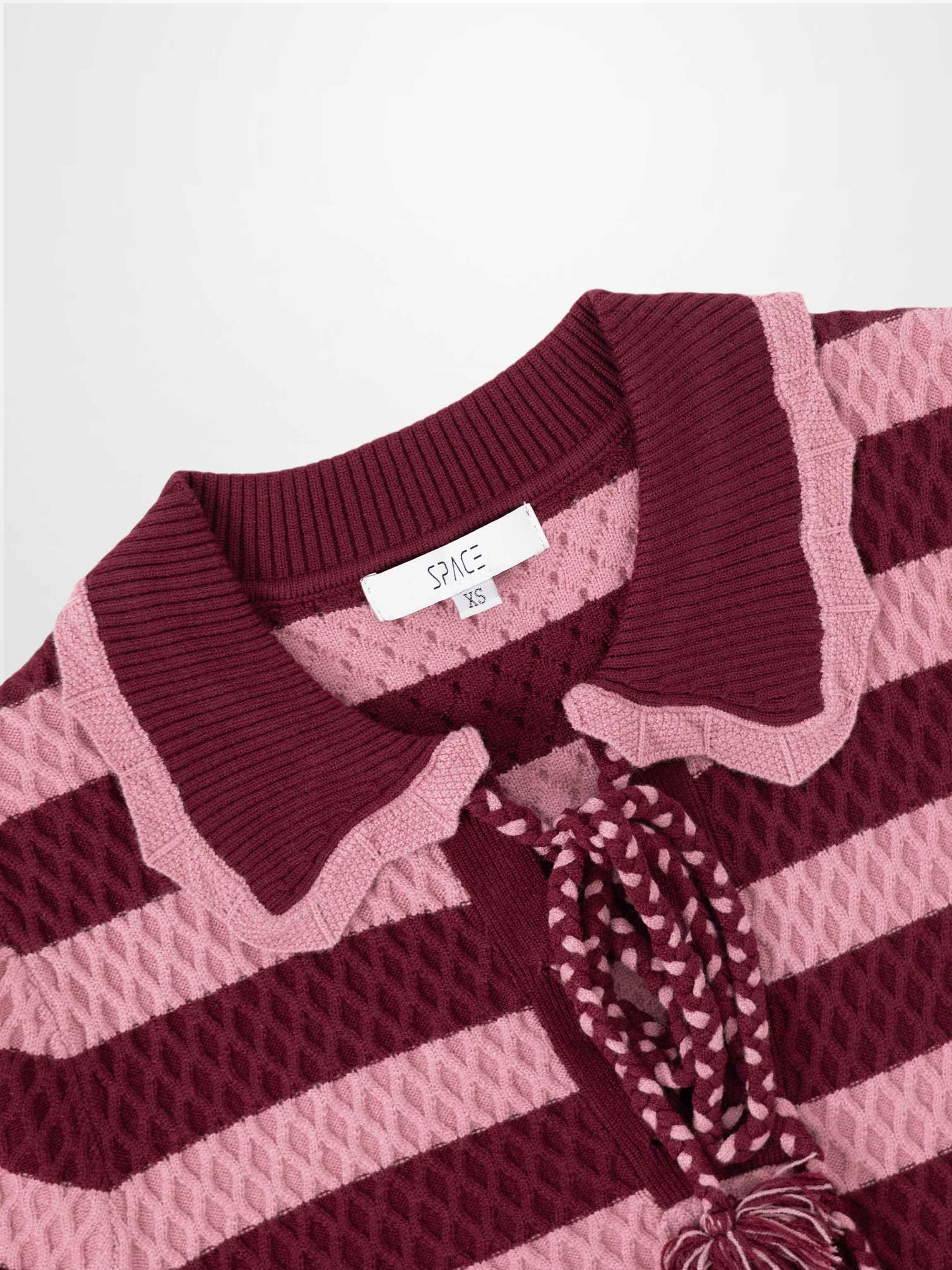 Laced Ruffle Collar Striped Sweater-Burgundy/Pink
