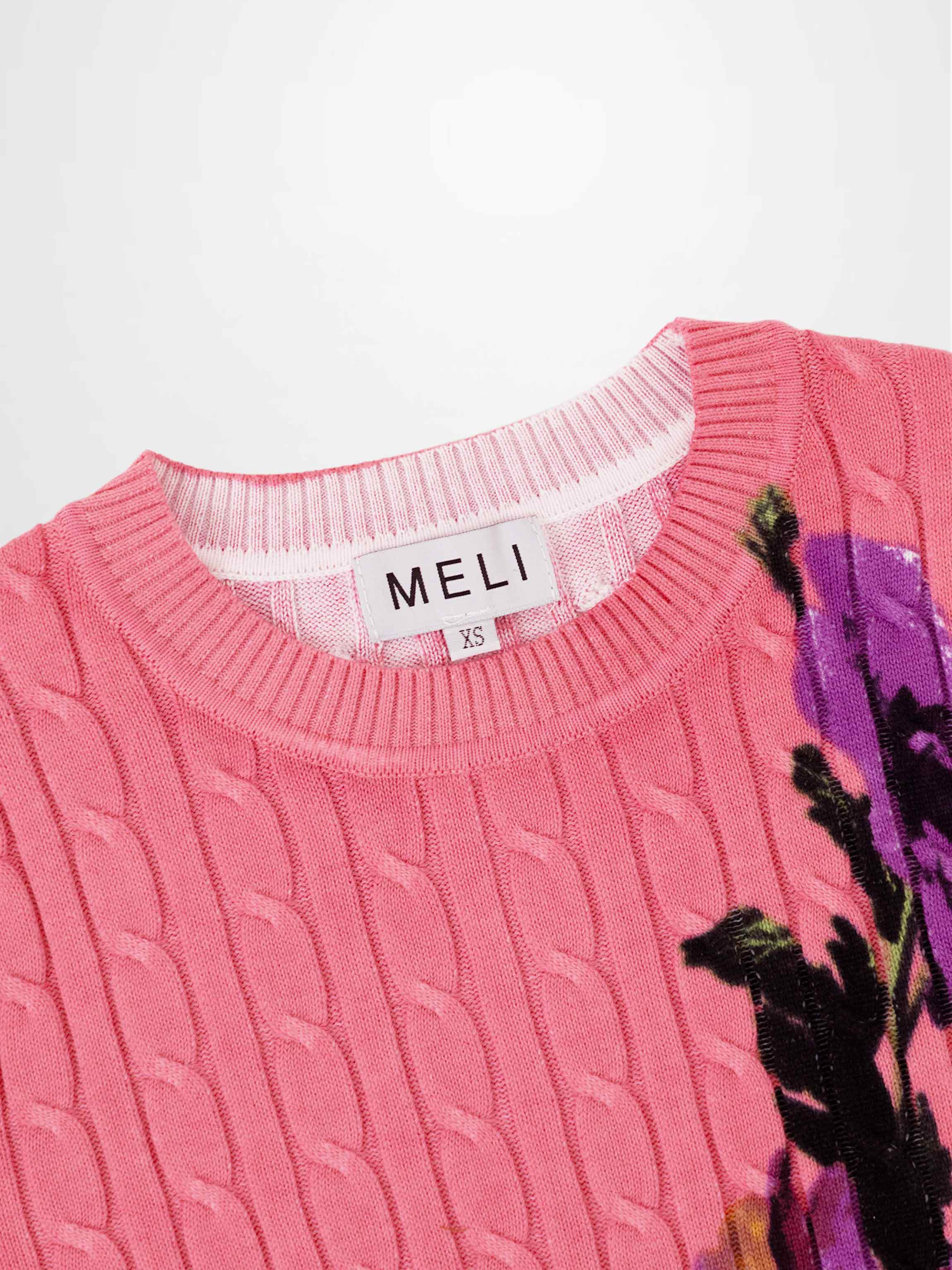 Printed Cable Sweater-Pink Flower