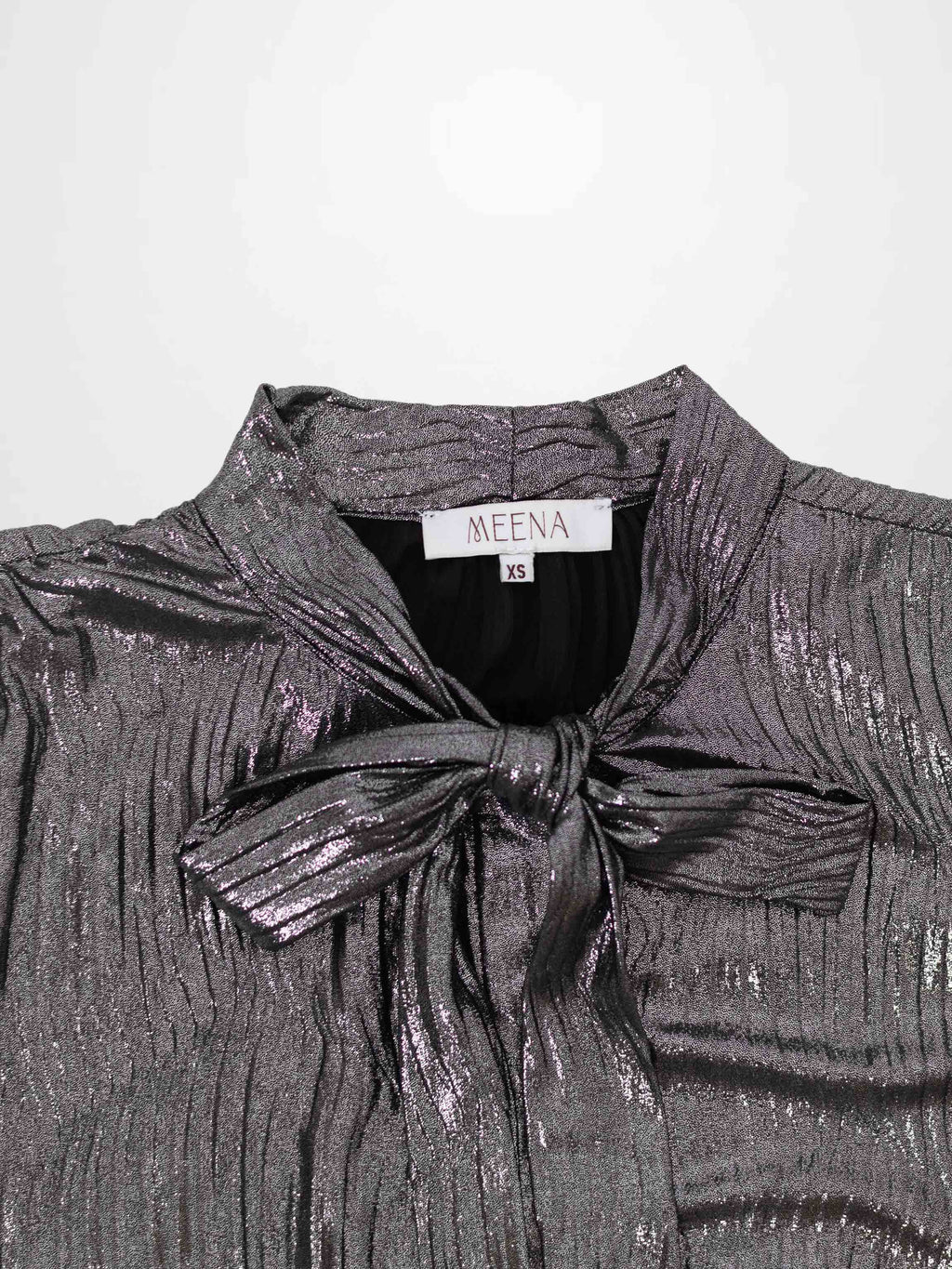 Shimmer Texture Bow Blouse-Black/Silver