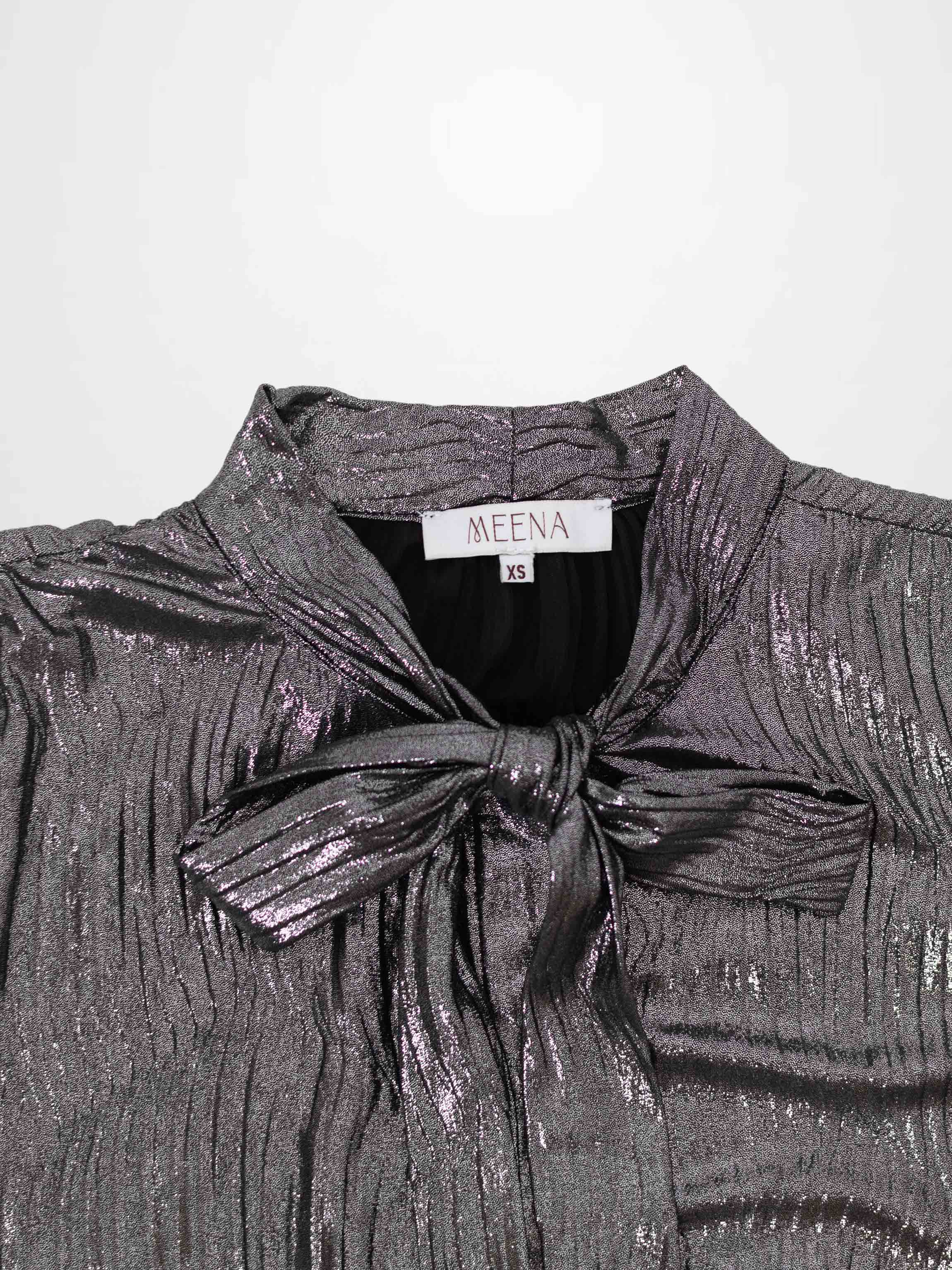 Shimmer Texture Bow Blouse-Black/Silver