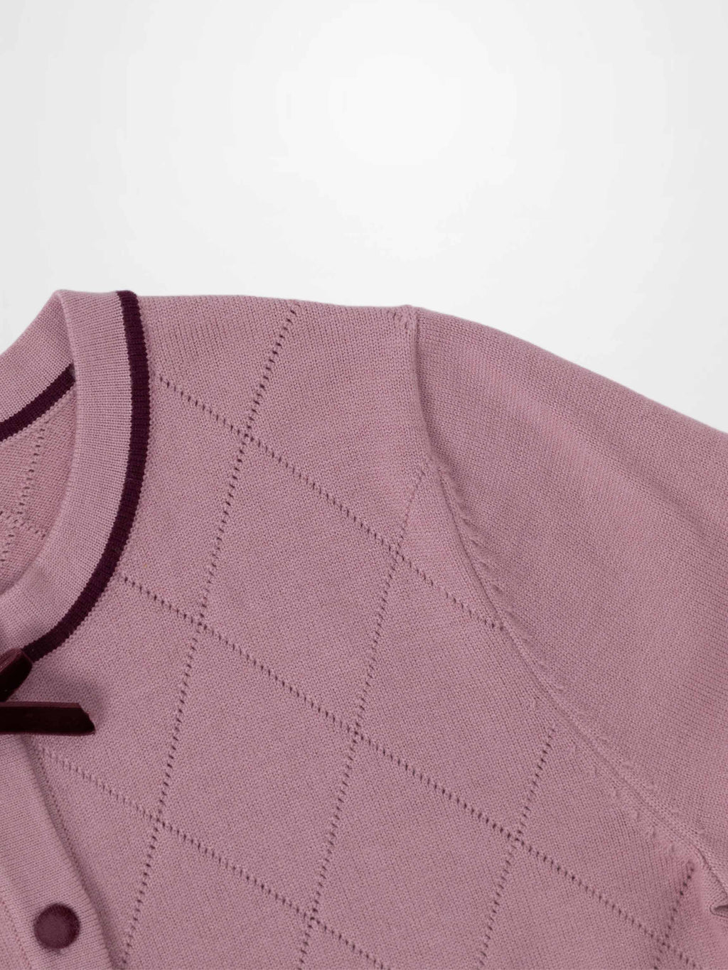 Velvet Detail Pointelle Crew Cardigan-Pink/Burgundy