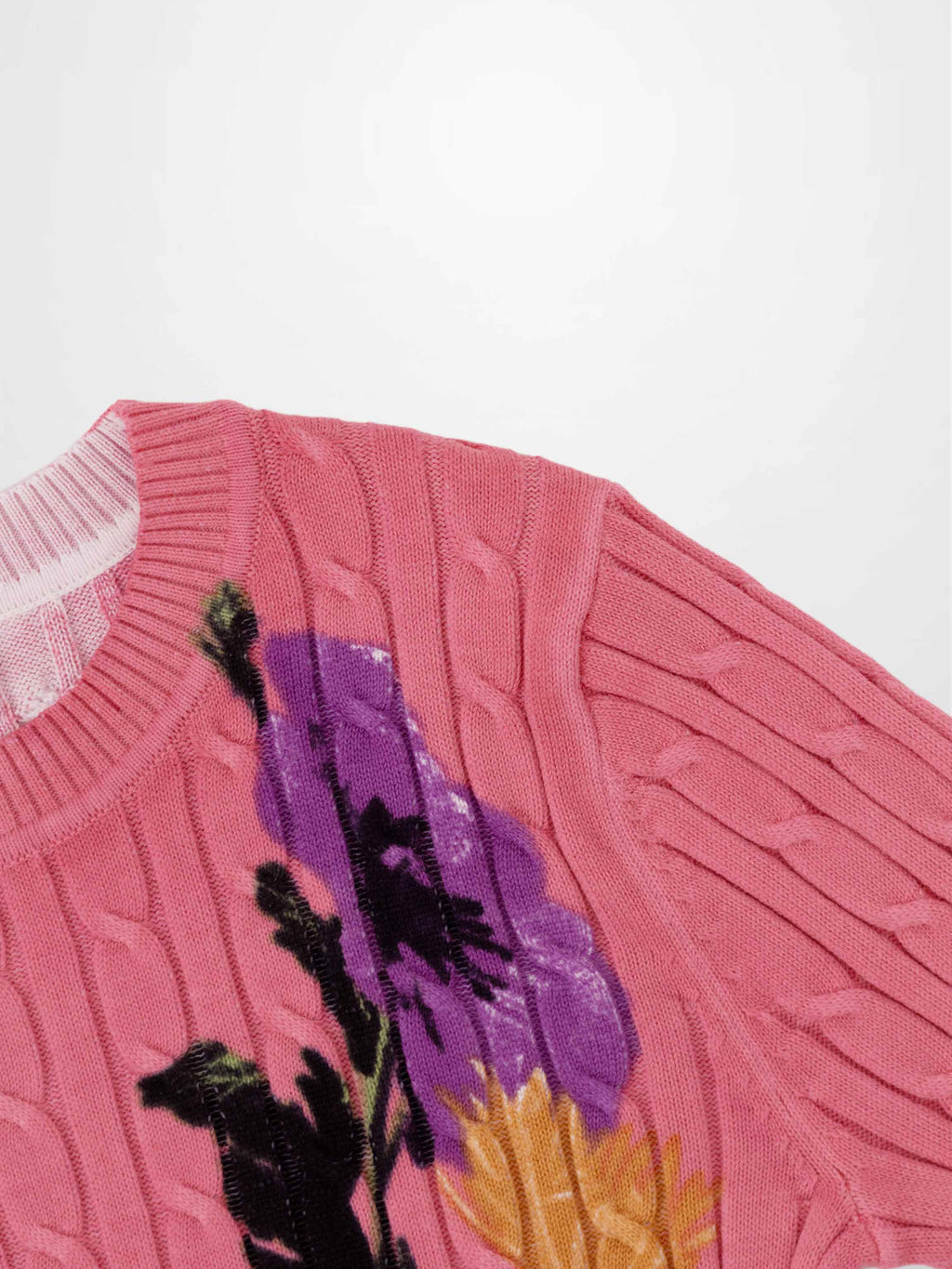 Printed Cable Sweater-Pink Flower