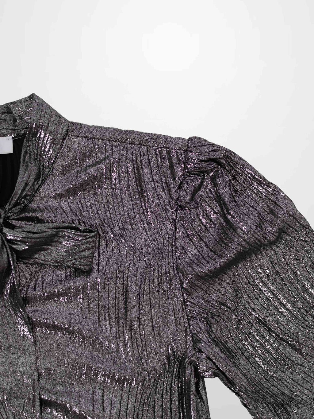 Shimmer Texture Bow Blouse-Black/Silver