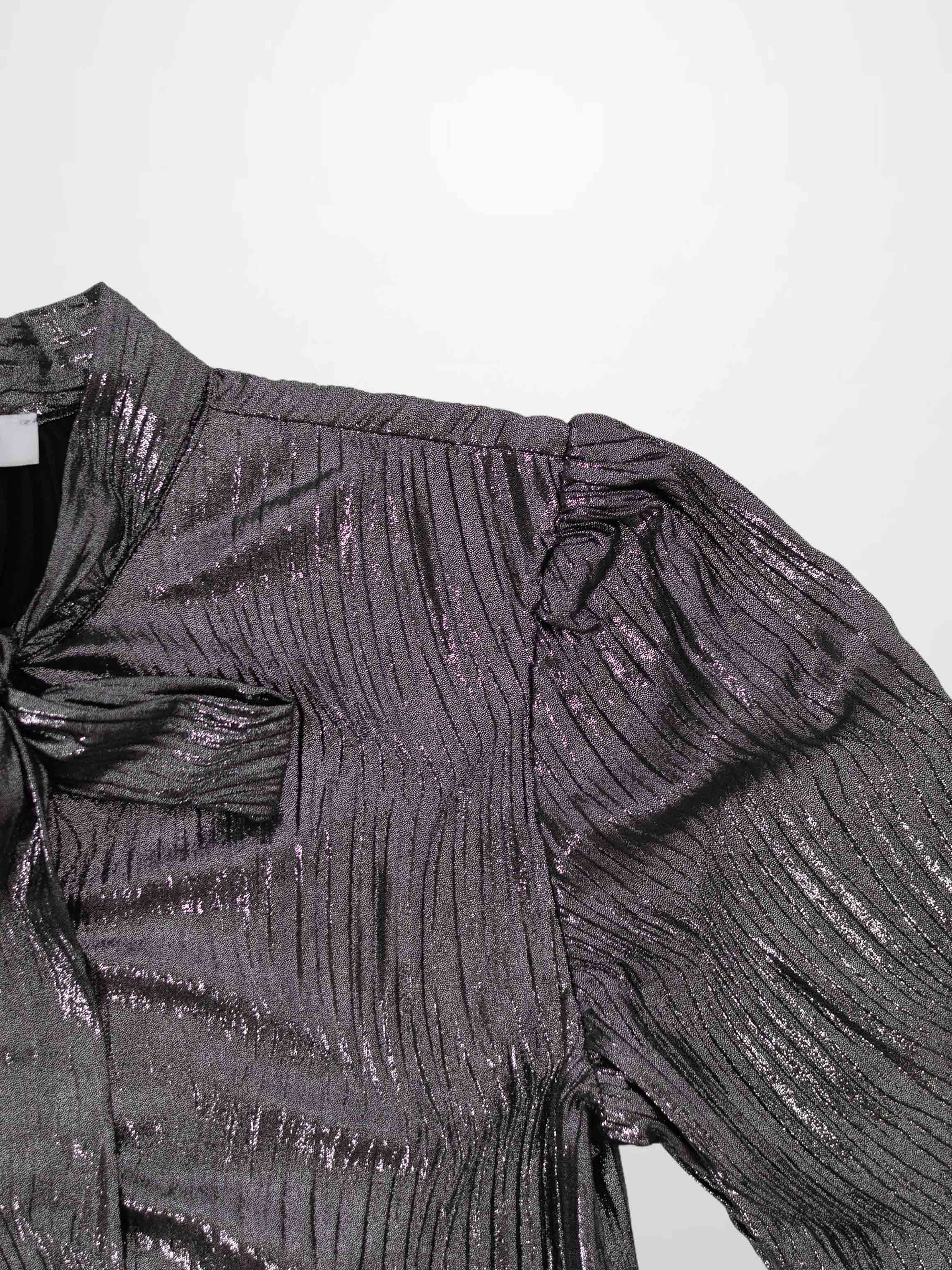 Shimmer Texture Bow Blouse-Black/Silver