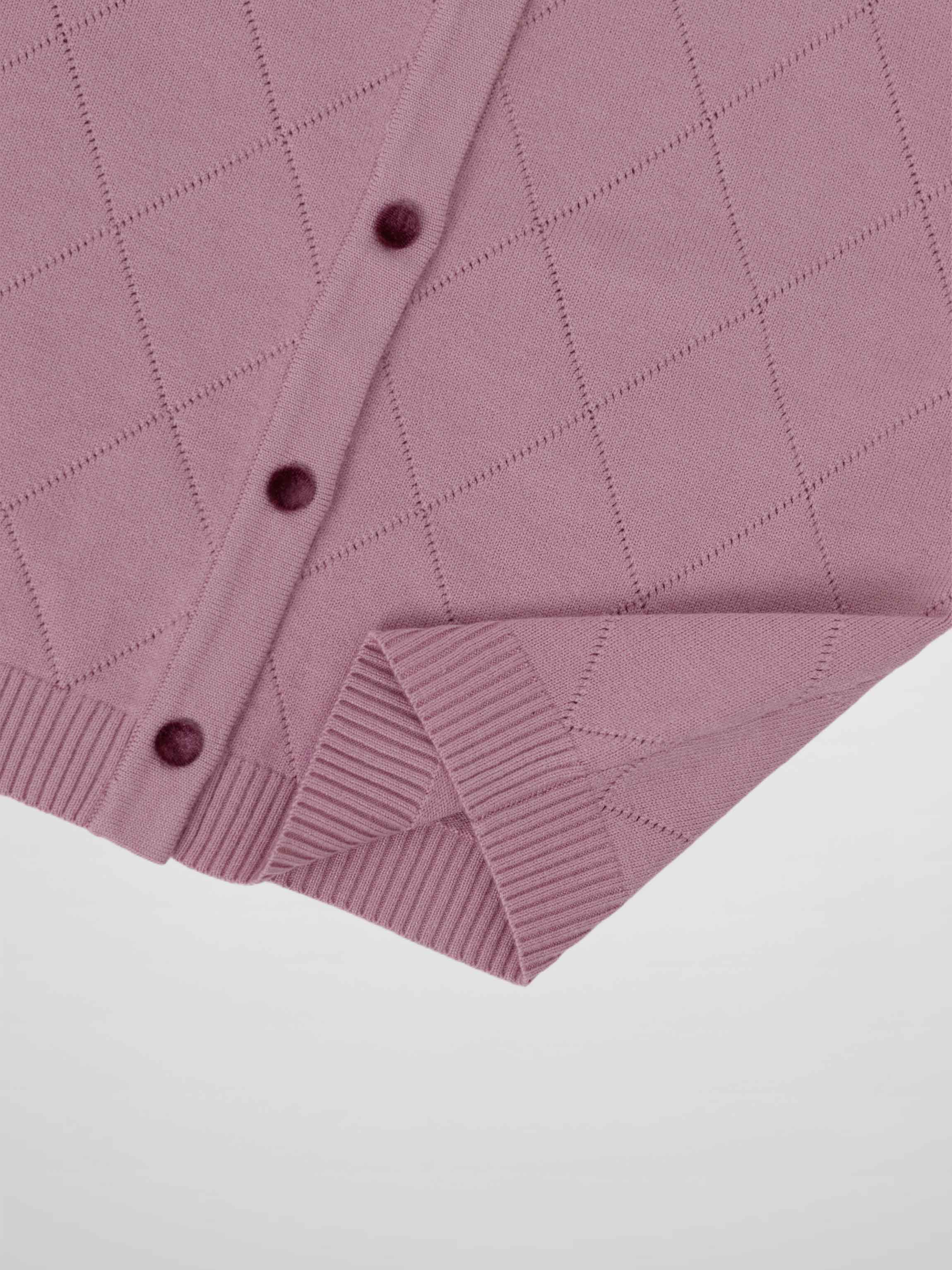 Velvet Detail Pointelle Crew Cardigan-Pink/Burgundy