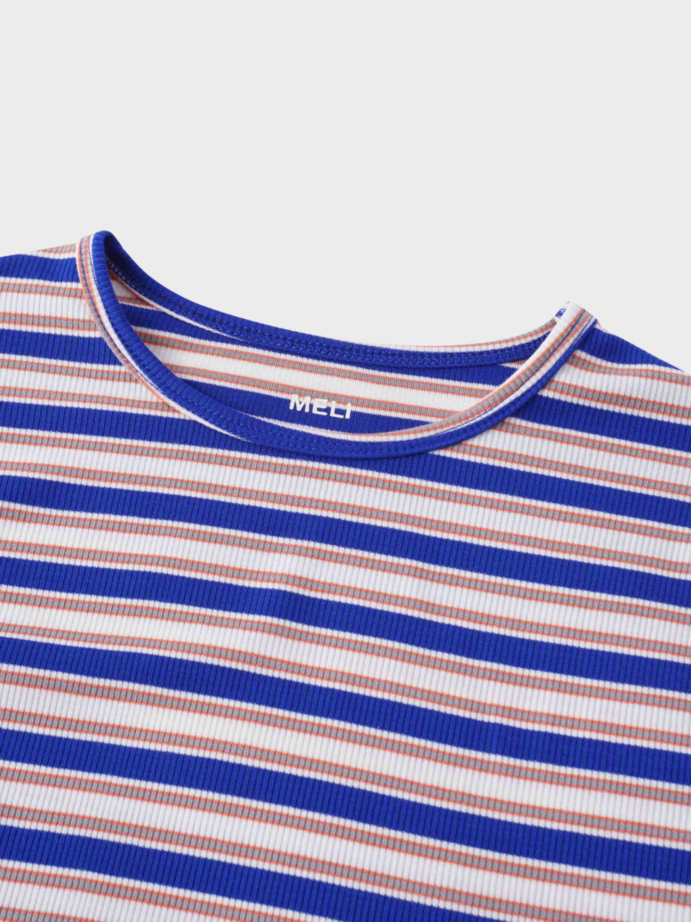 Multi Striped Ribbed Crew-Cobalt Blue/Tan