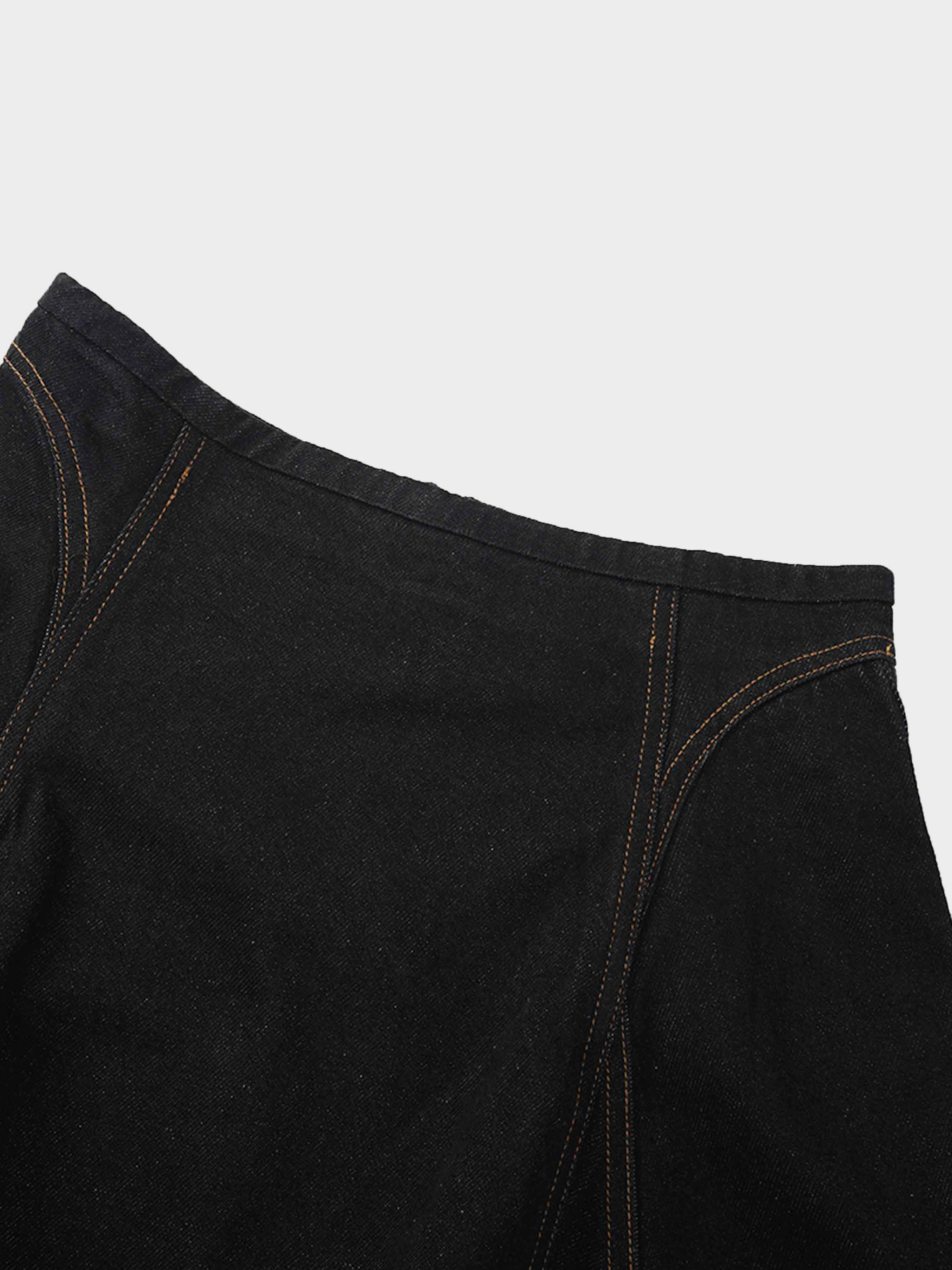 Seamed Full Circle Denim Skirt-Black