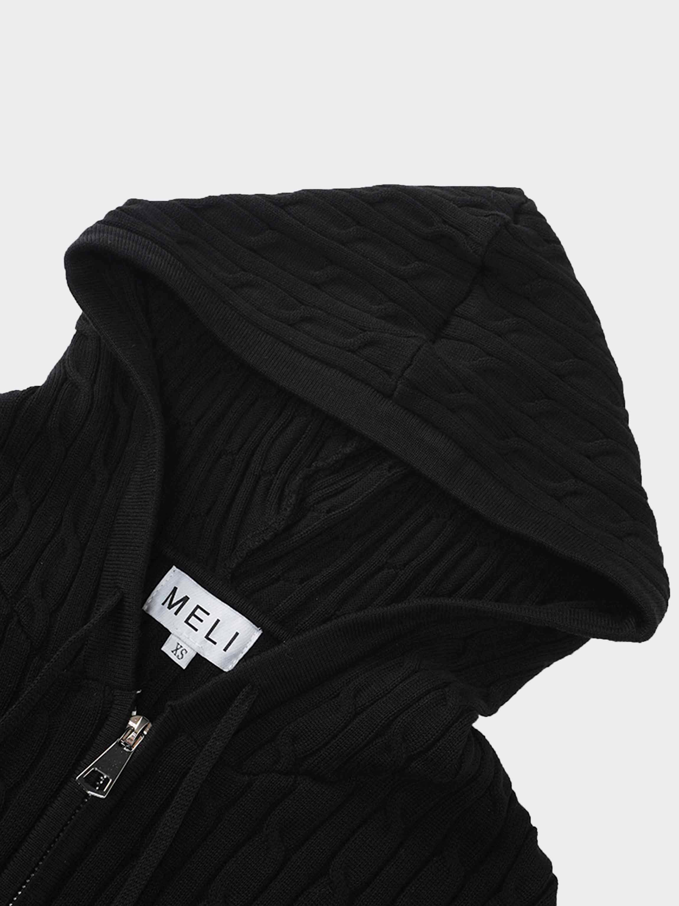Zip Up Cable Hoodie-Black