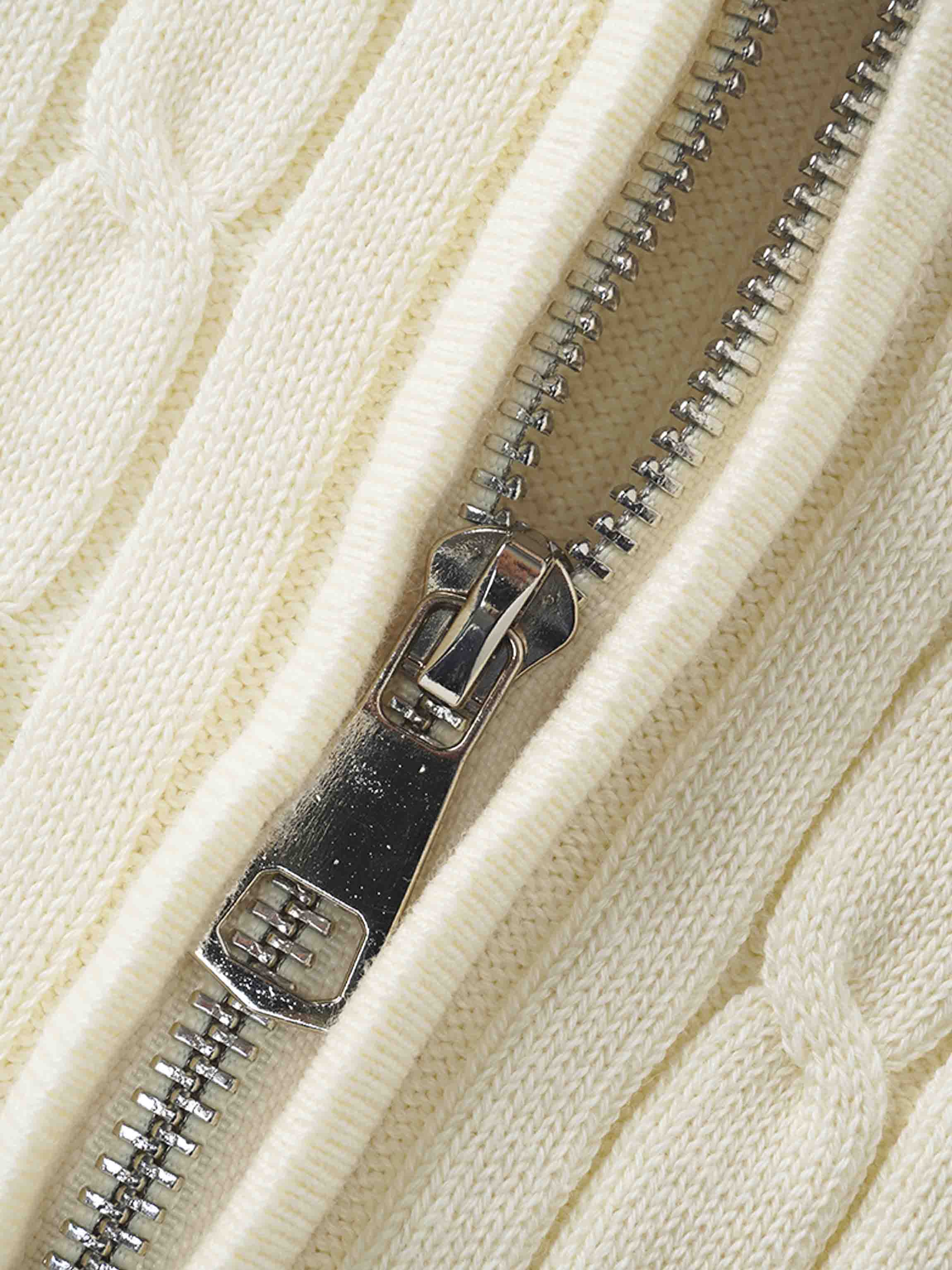 Zip Up Cable Hoodie-Cream