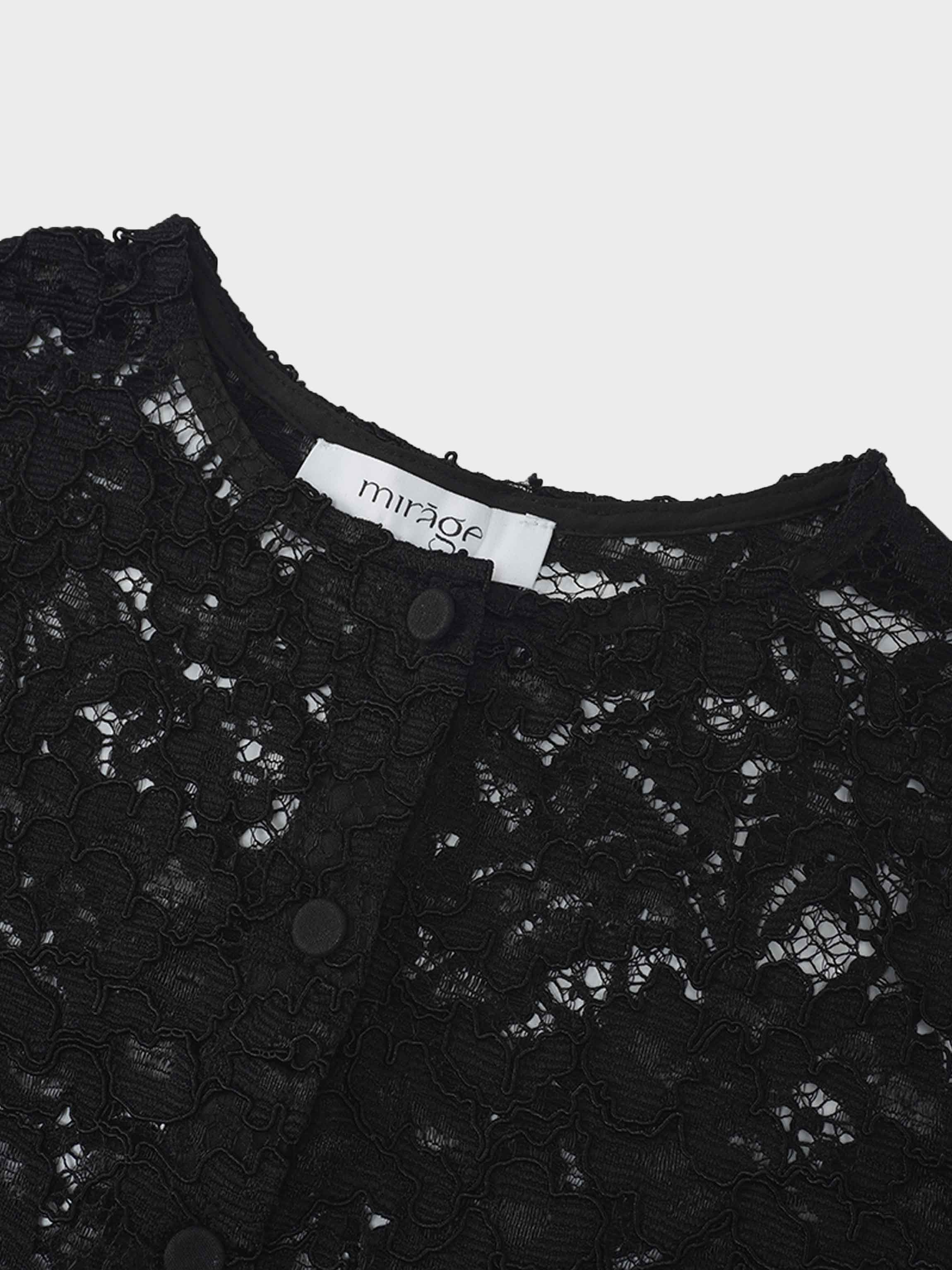 Lace Button Down Cardigan Top-Black