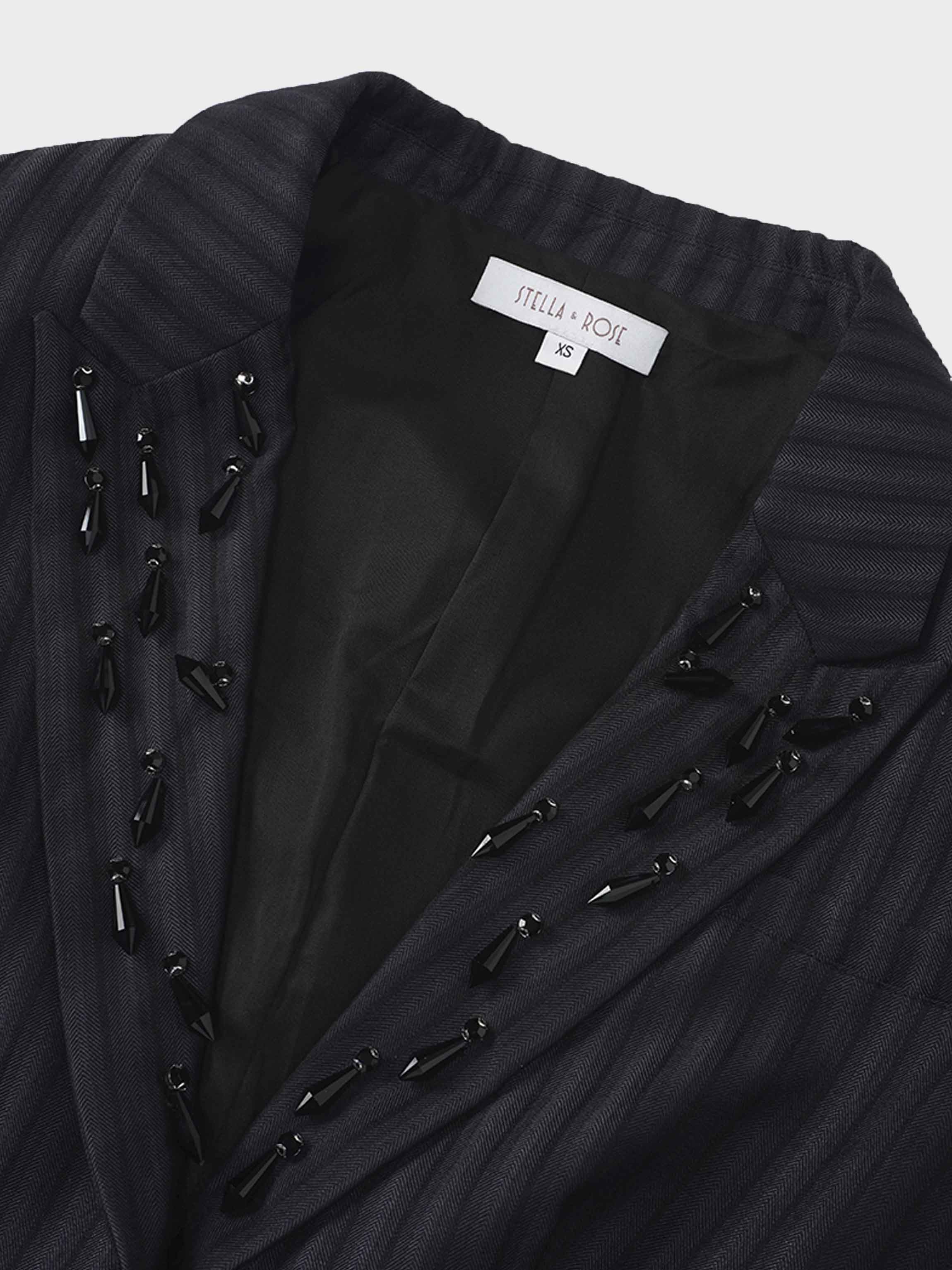 Herringbone Crop Beaded Blazer-Grey/Black
