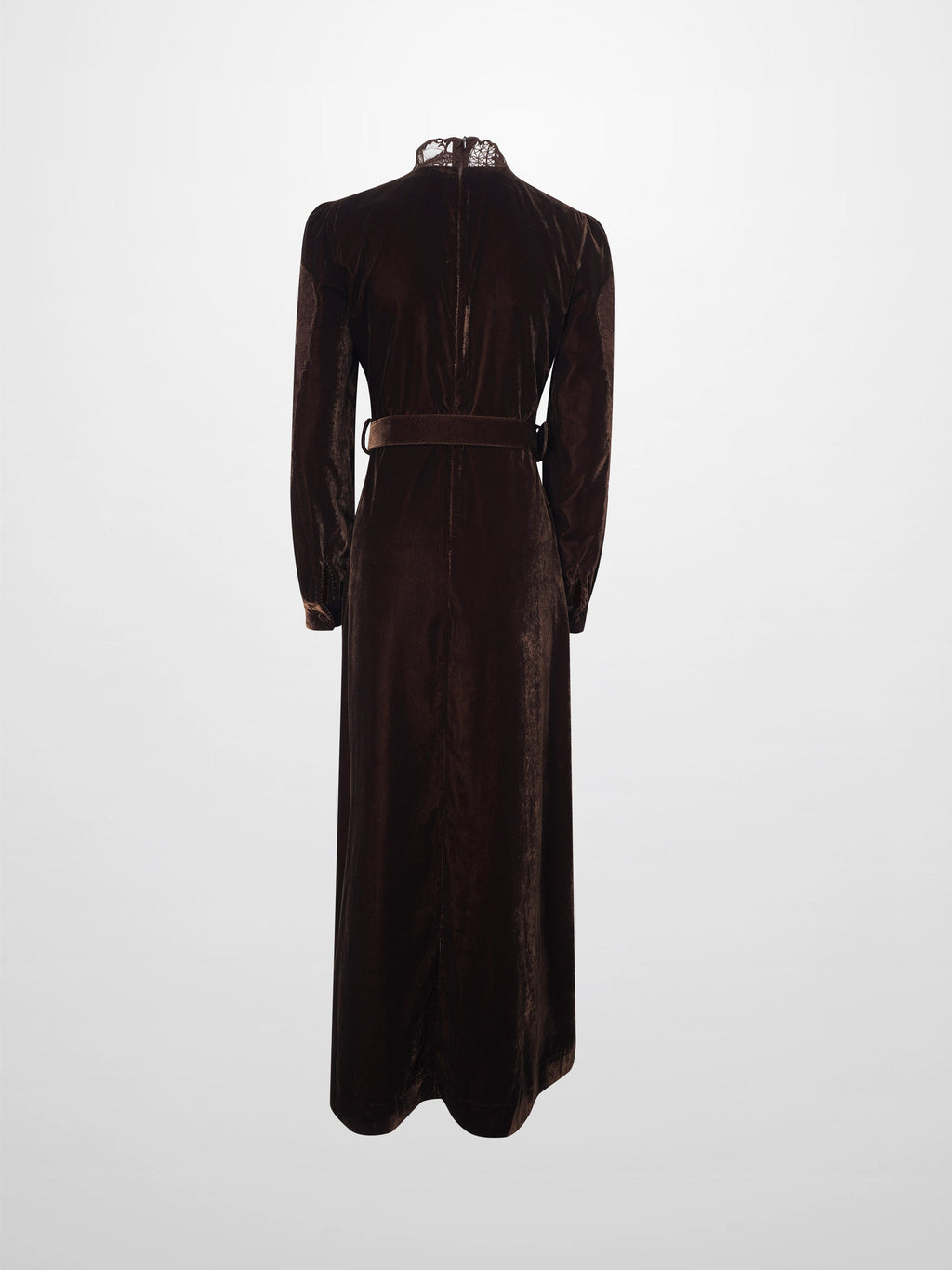 Lace Inlay Velvet Dress-Brown