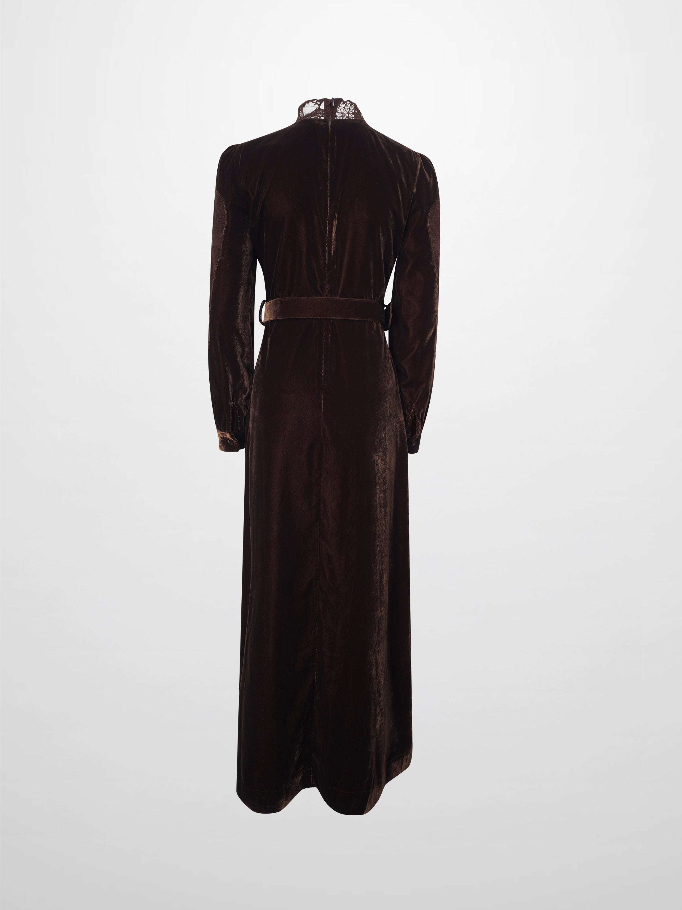 Lace Inlay Velvet Dress-Brown