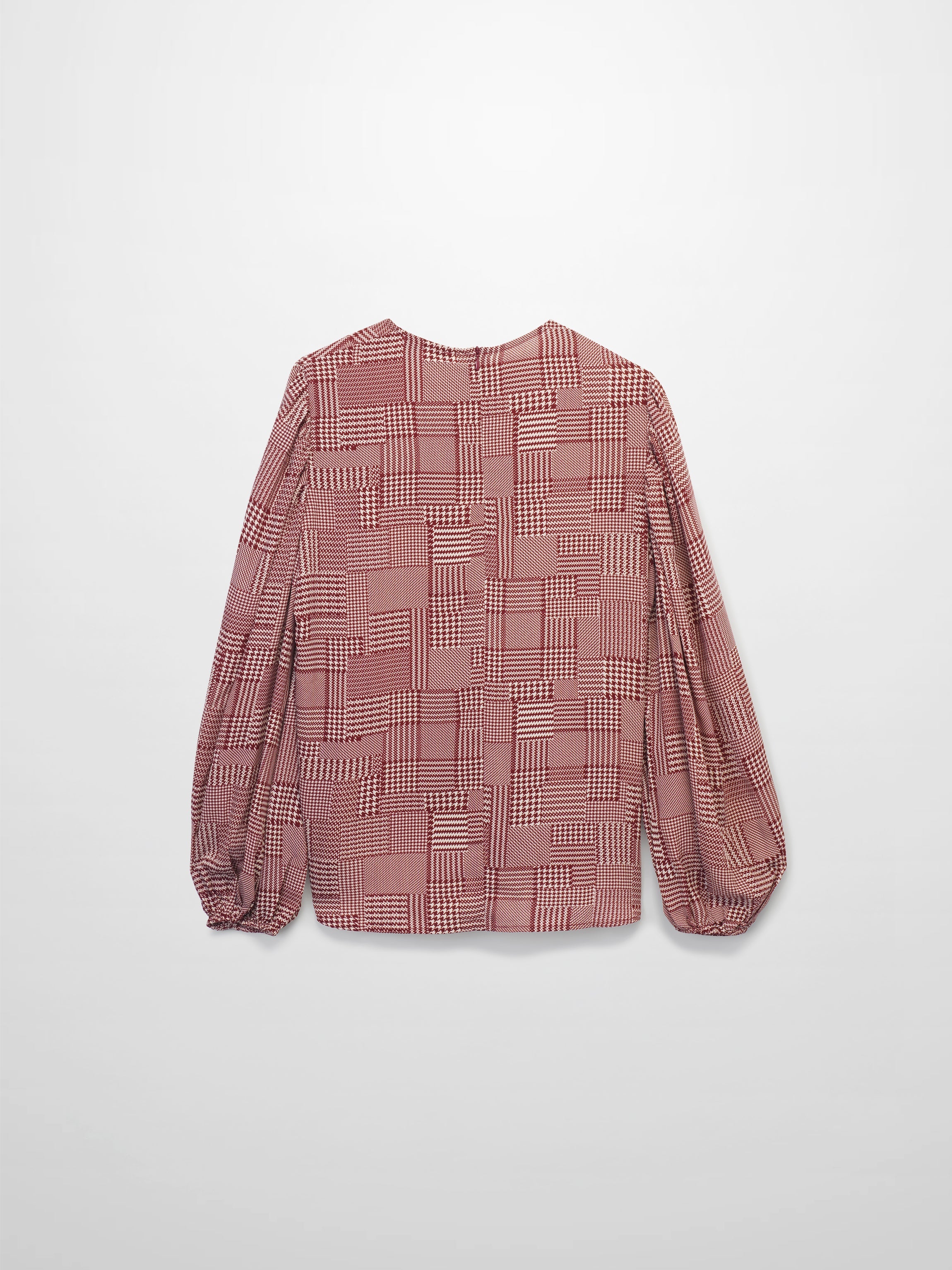 Houndstooth Blouson Sleeve Blouse-Burgundy