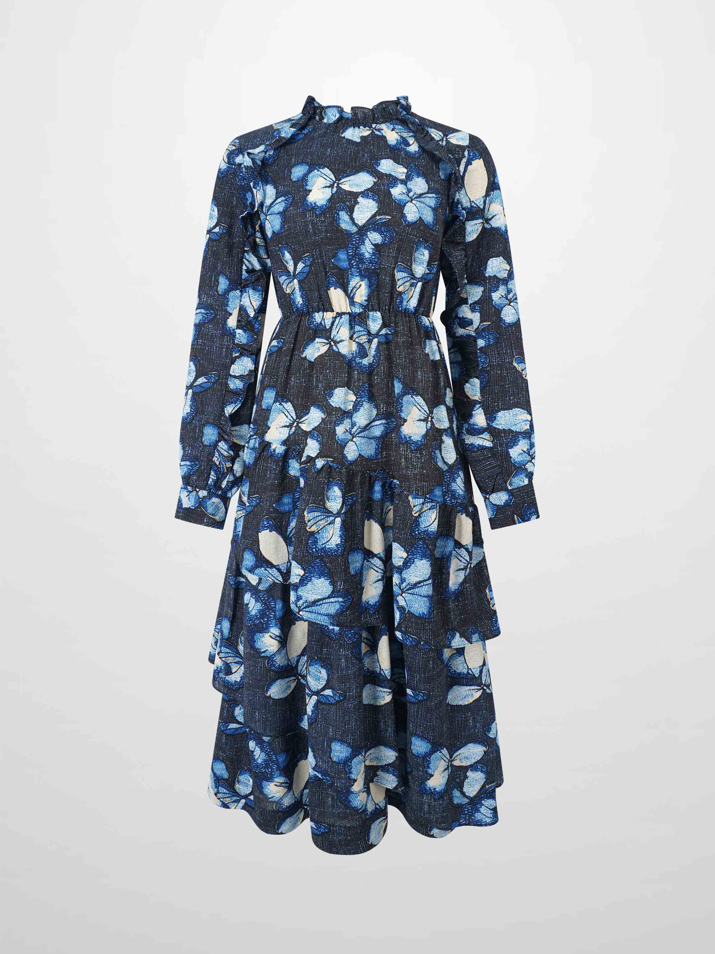 Layered Belted Dress-Blue Floral