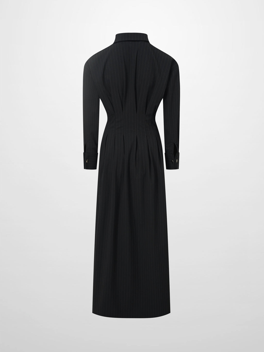 Pleat Waist Pinstripe Button Down Dress-Black