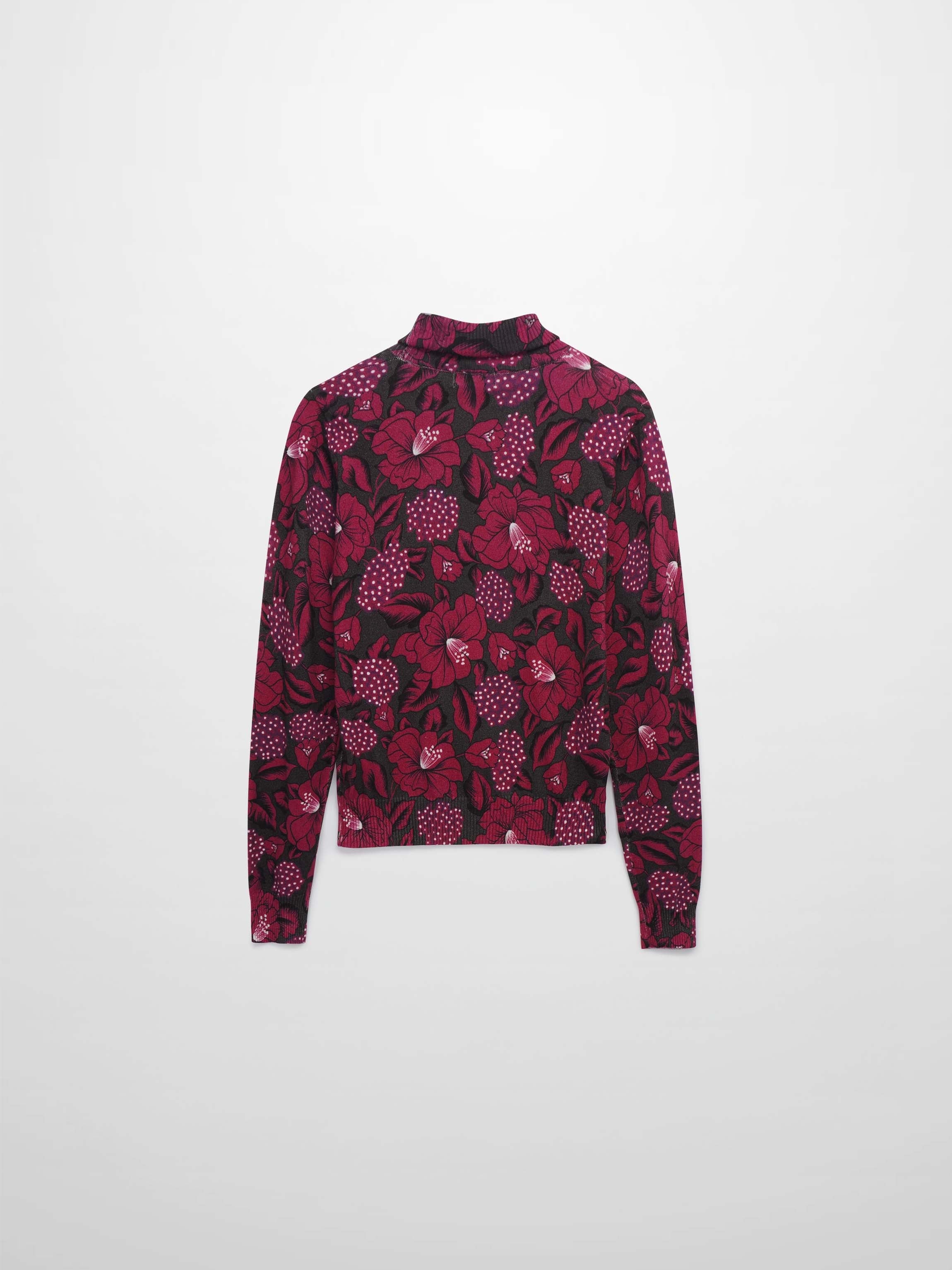 Thin Knit Turtleneck Sweater-Grey Pink Floral