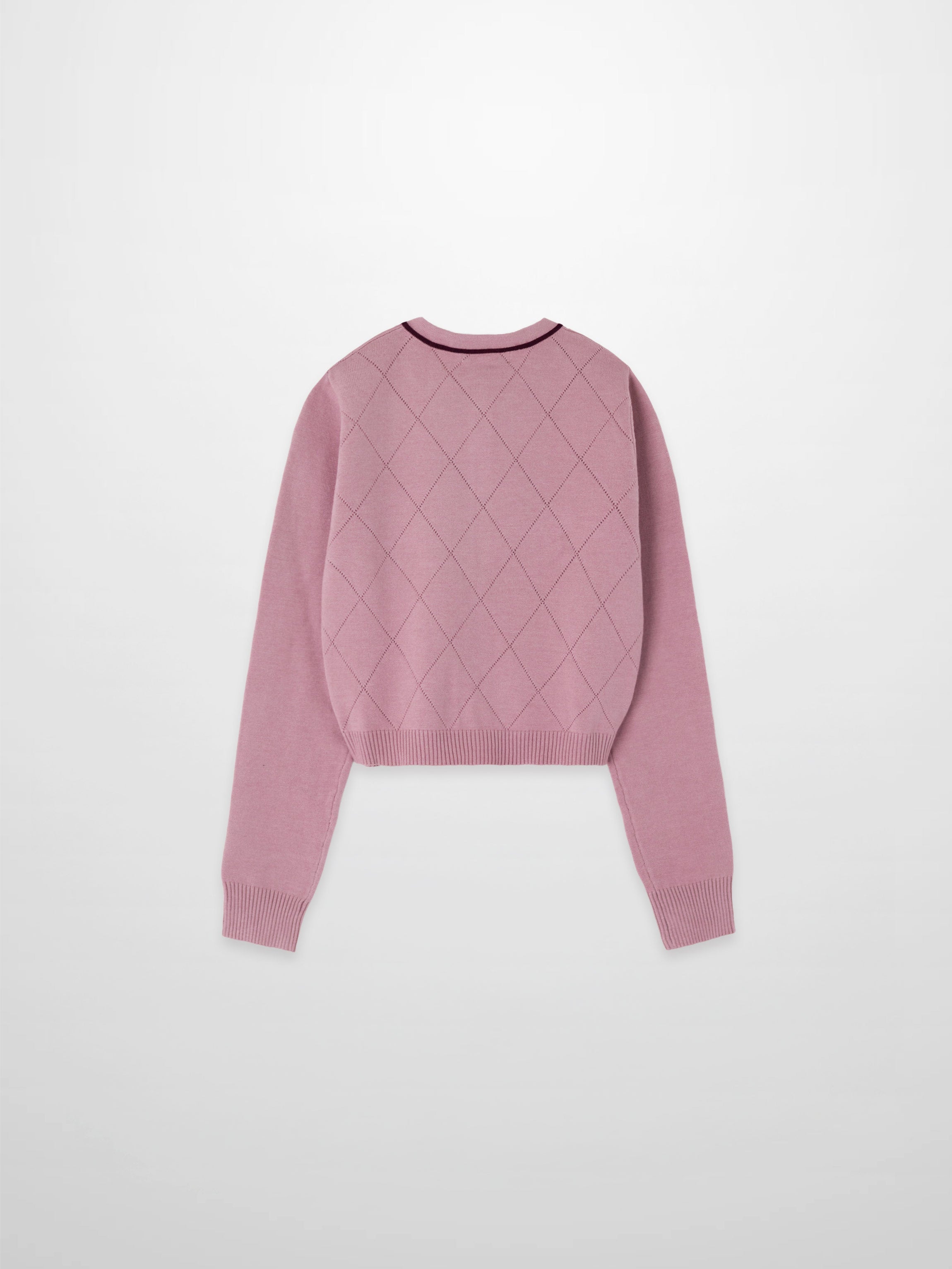 Velvet Detail Pointelle Crew Cardigan-Pink/Burgundy