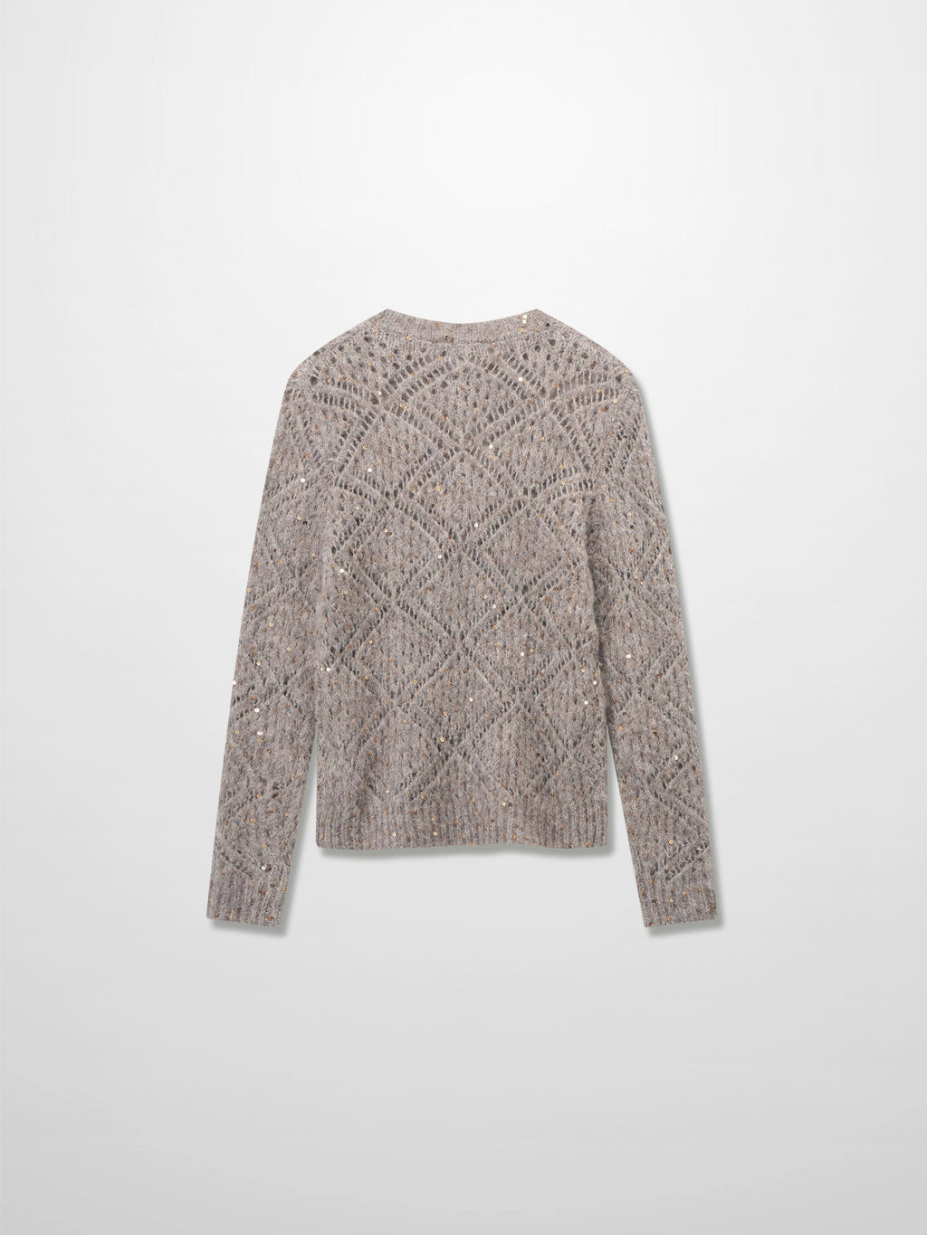 Open Crochet Knit Sequin Sweater-Tan