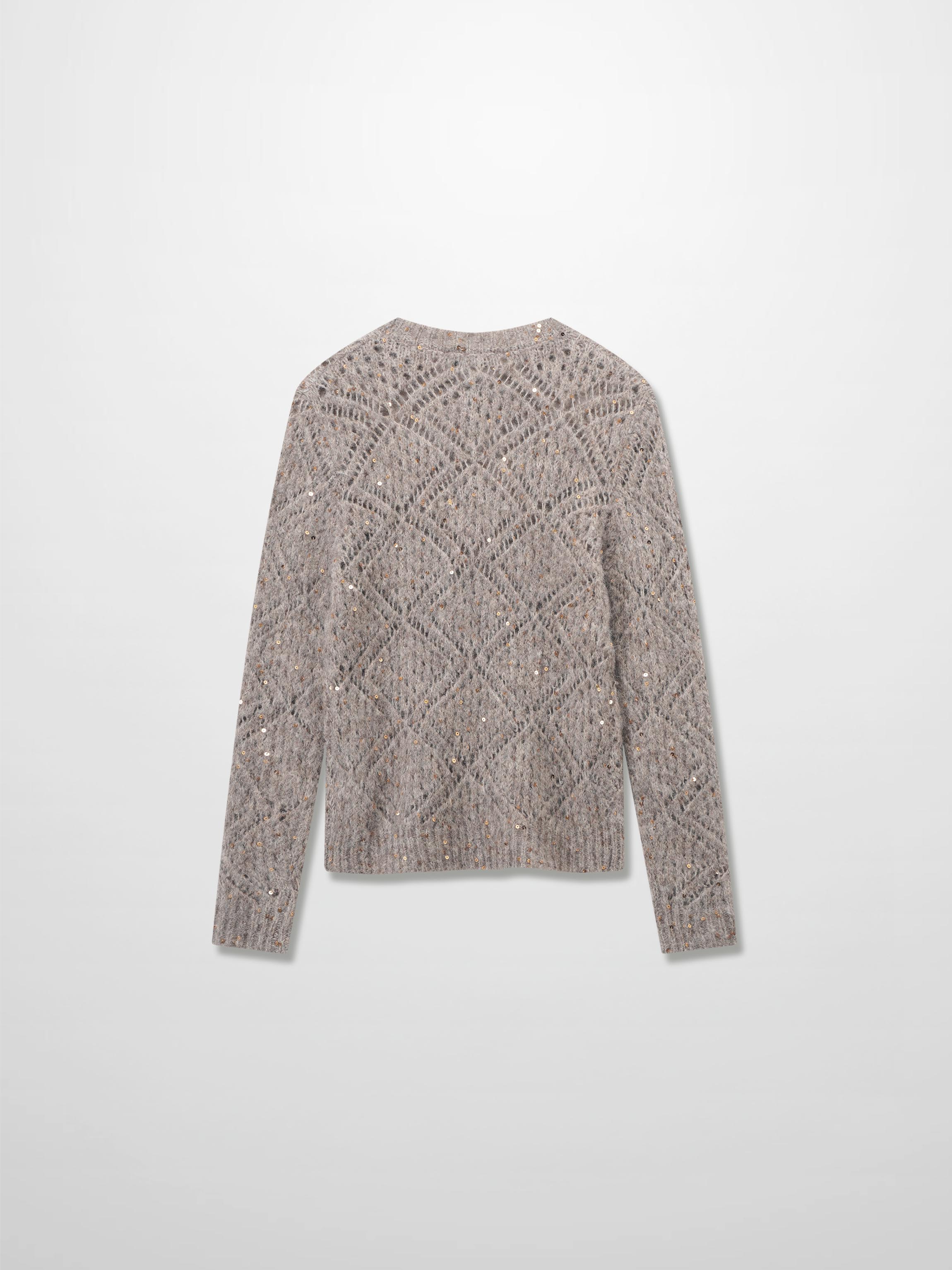 Open Crochet Knit Sequin Sweater-Tan