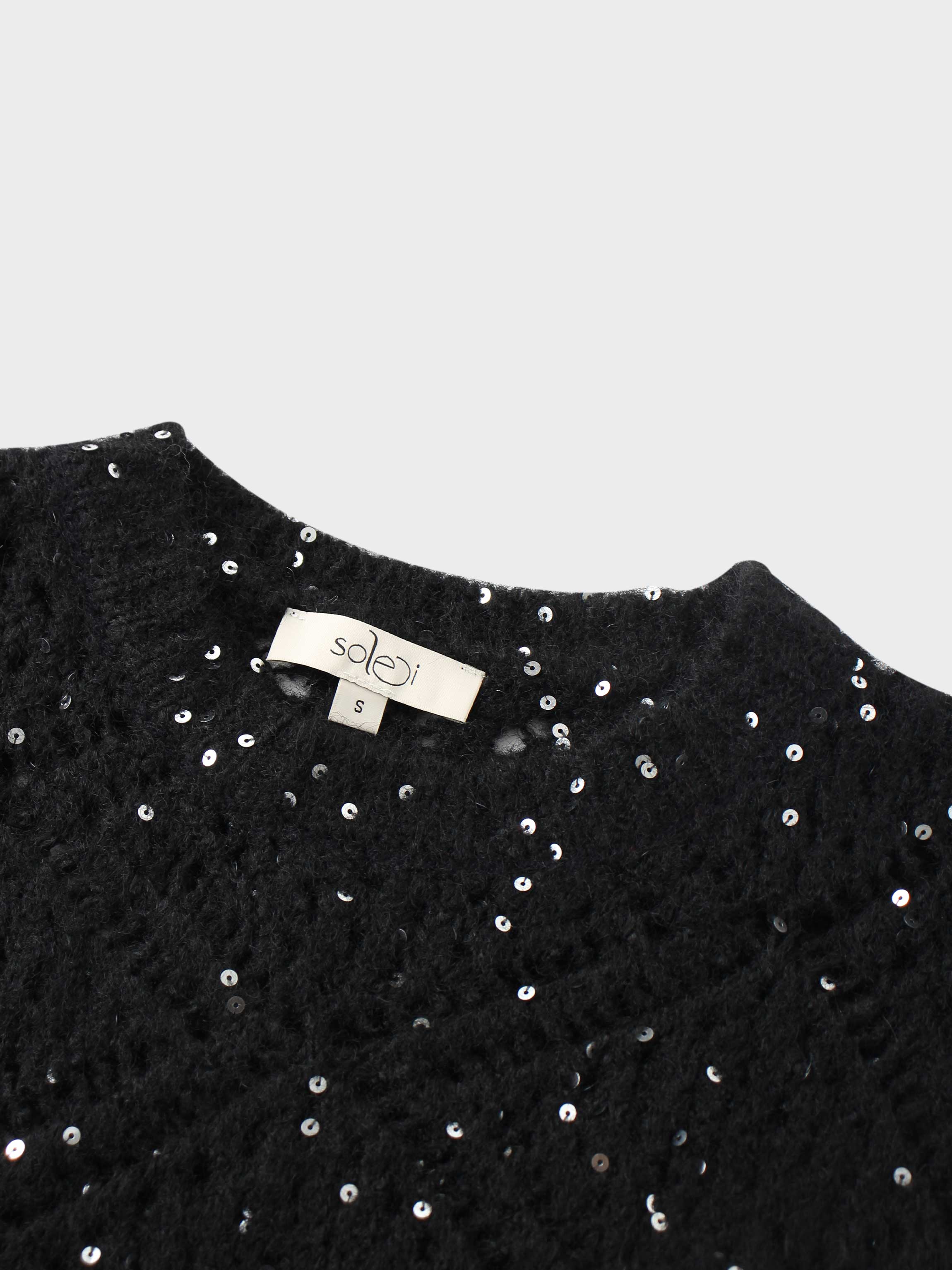 Open Crochet Knit Sequin Sweater-Black