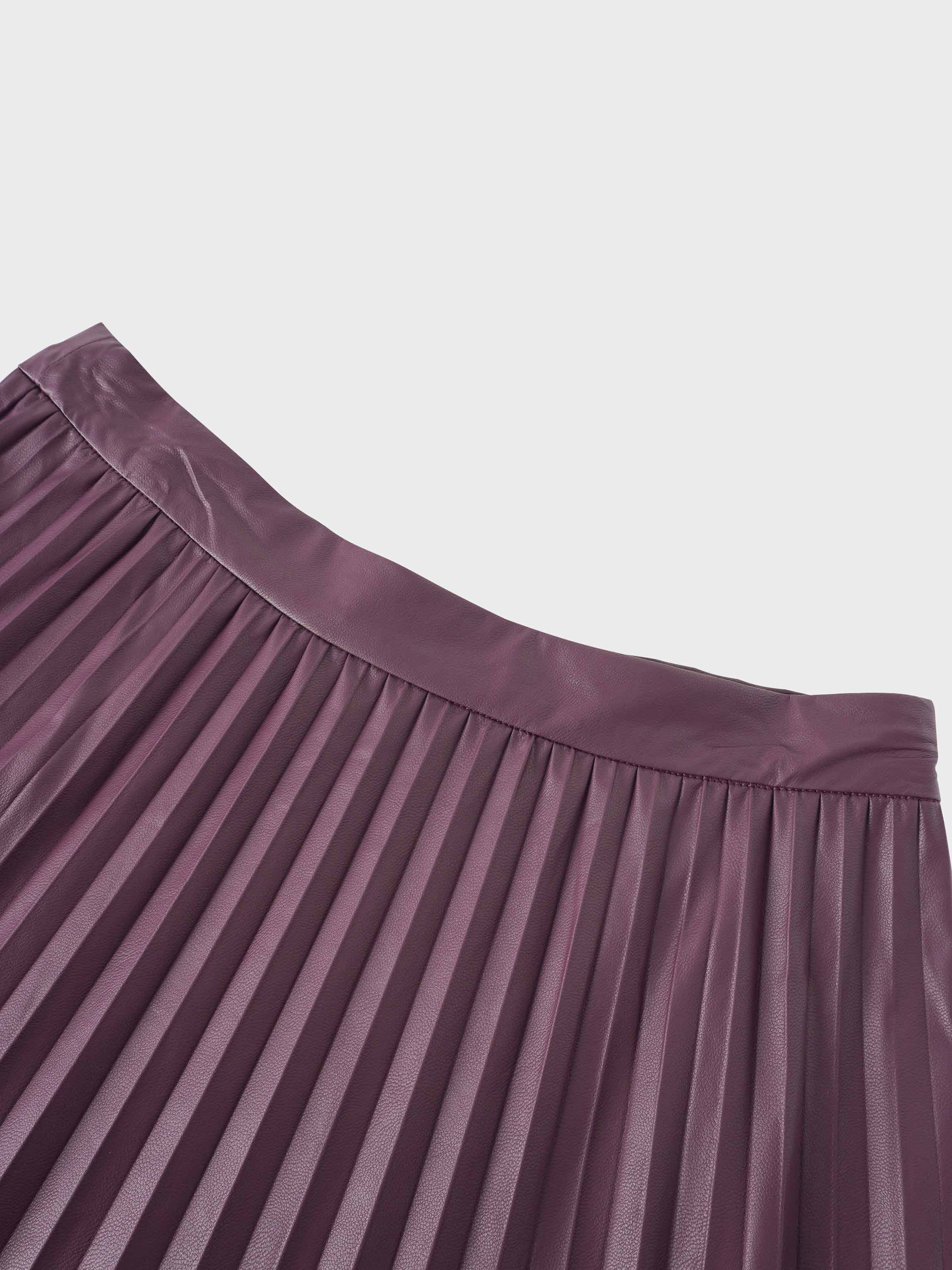 Accordion Pleated Faux Leather Skirt-Eggplant