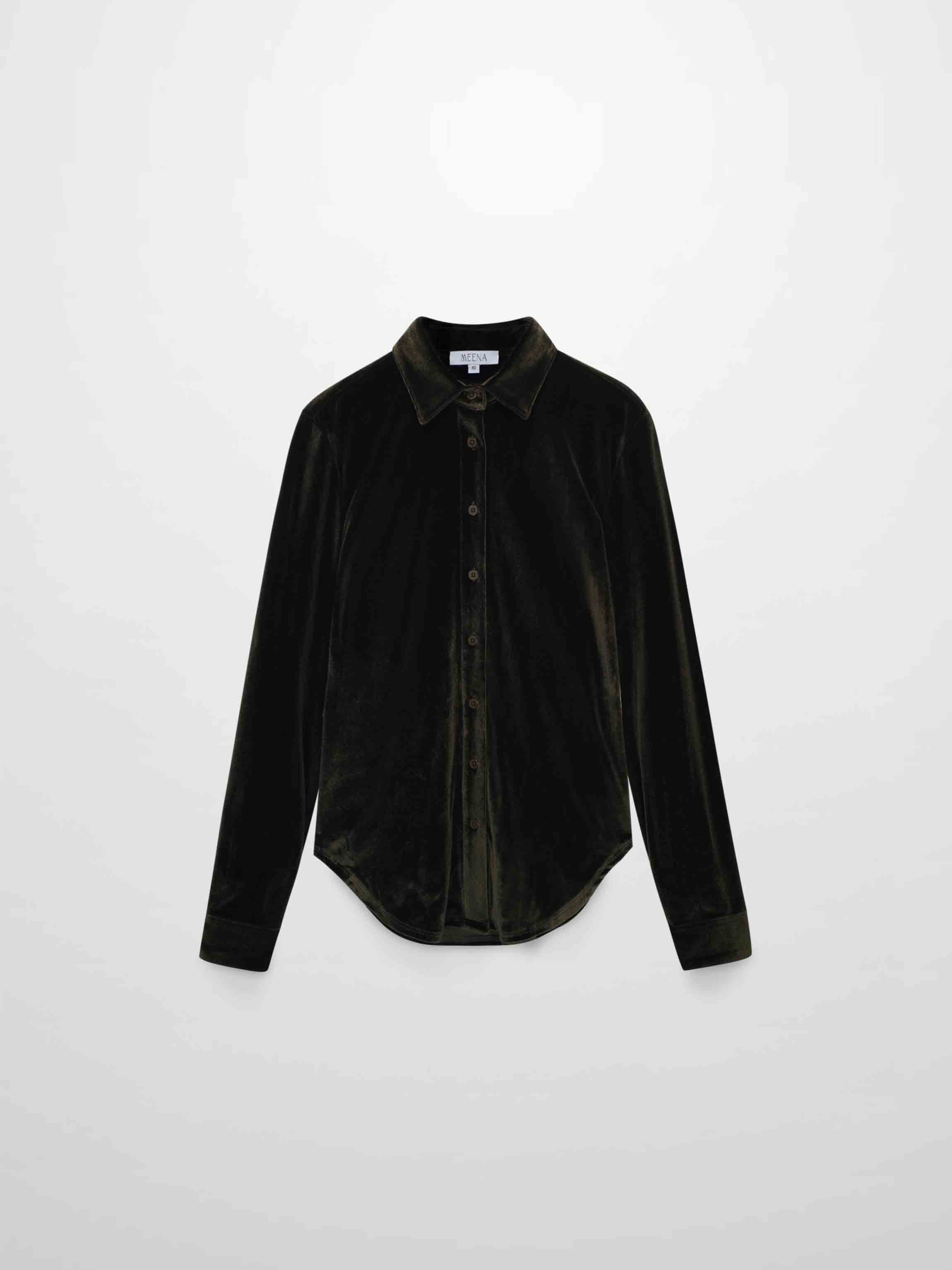 Velour Button Down Blouse-Green