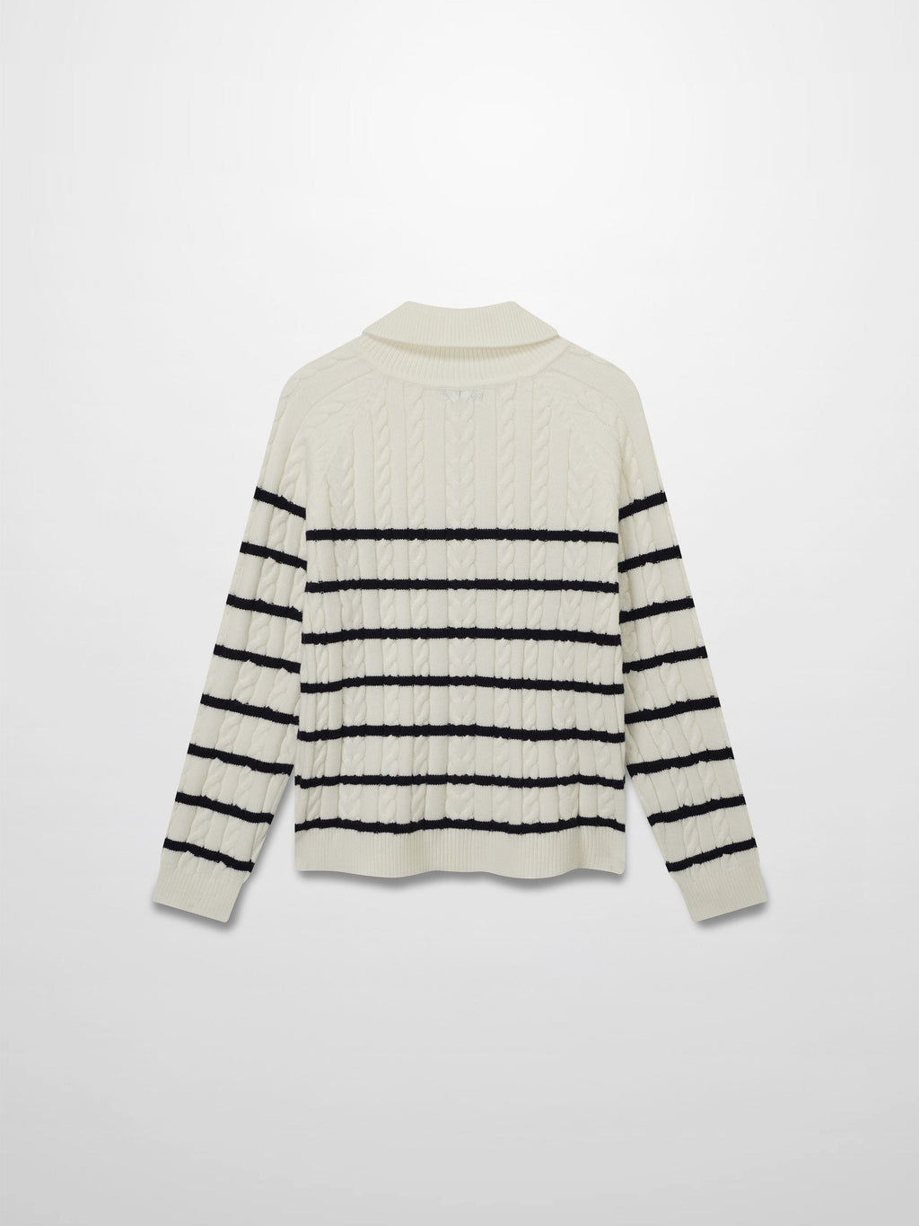 Shawl Snap Collar Striped Cable Sweater-Cream/Black